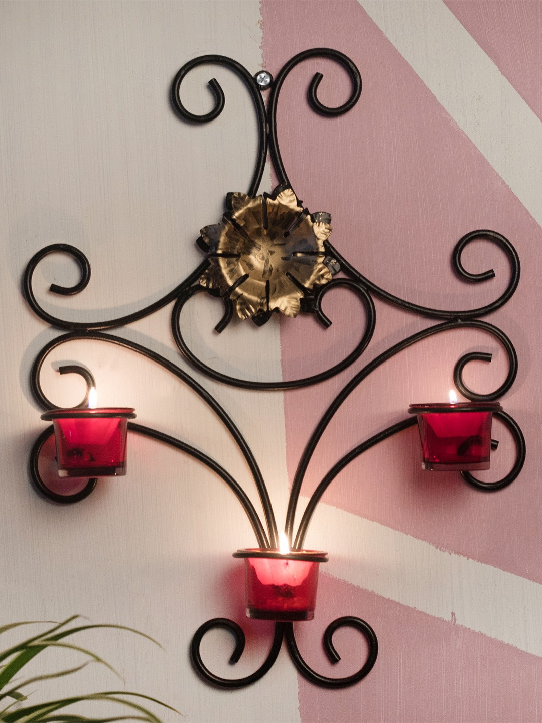 Home Sparkle Black & Gold-Toned Solid Wall Sconce Votive Candle Holder With 3 Glass Cups