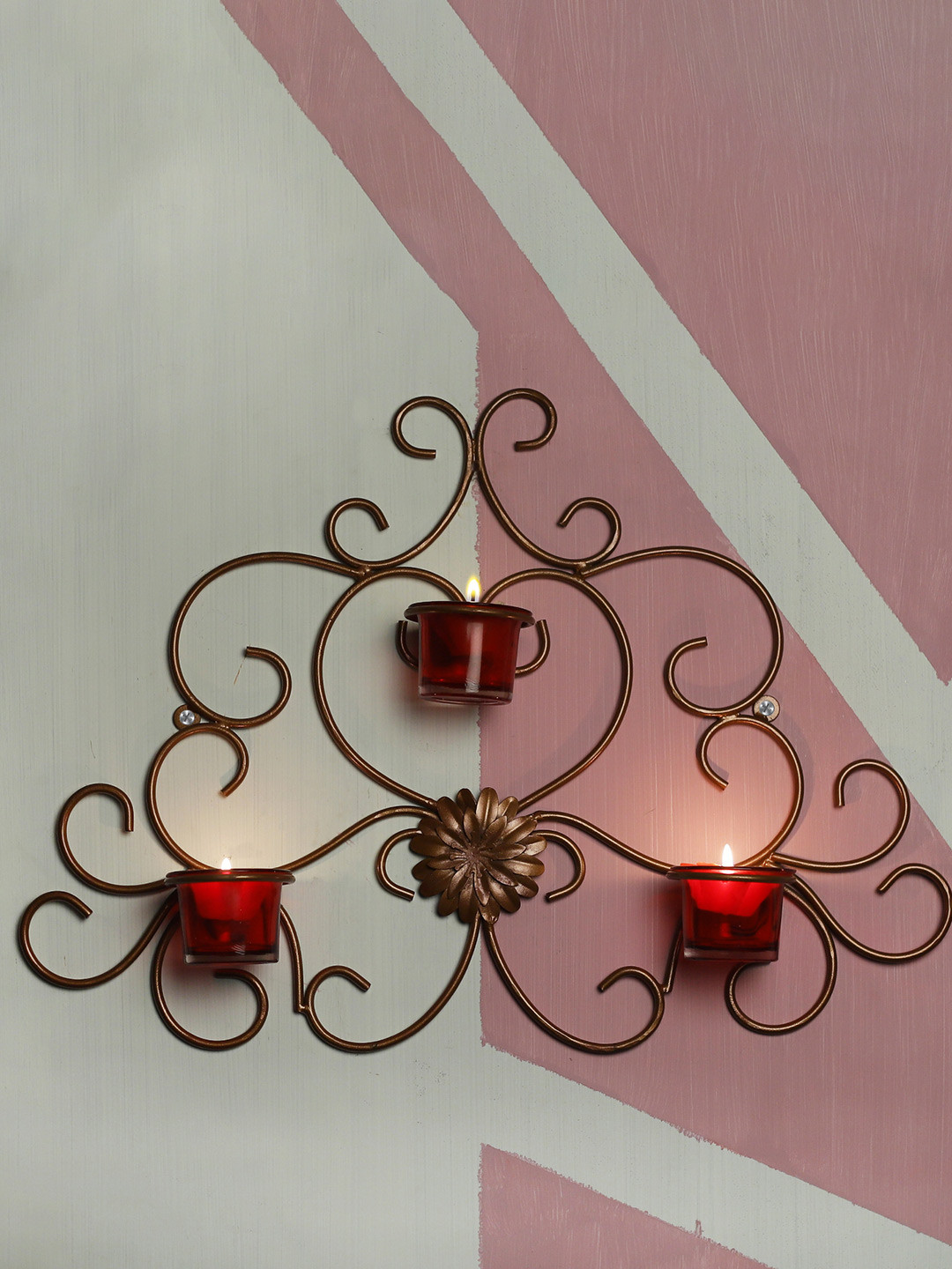 Home Sparkle Copper-Toned & Red Tealight Candle Holders with 3 Glass Cups
