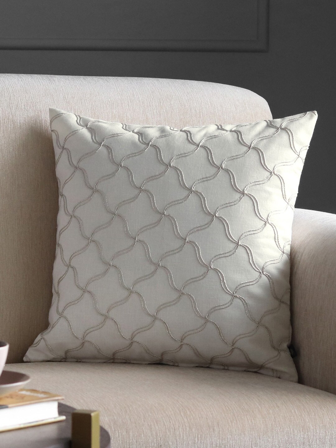 GM Off-White & Silver-Coloured Cord Embroidery Shimmer Square Cushion Cover