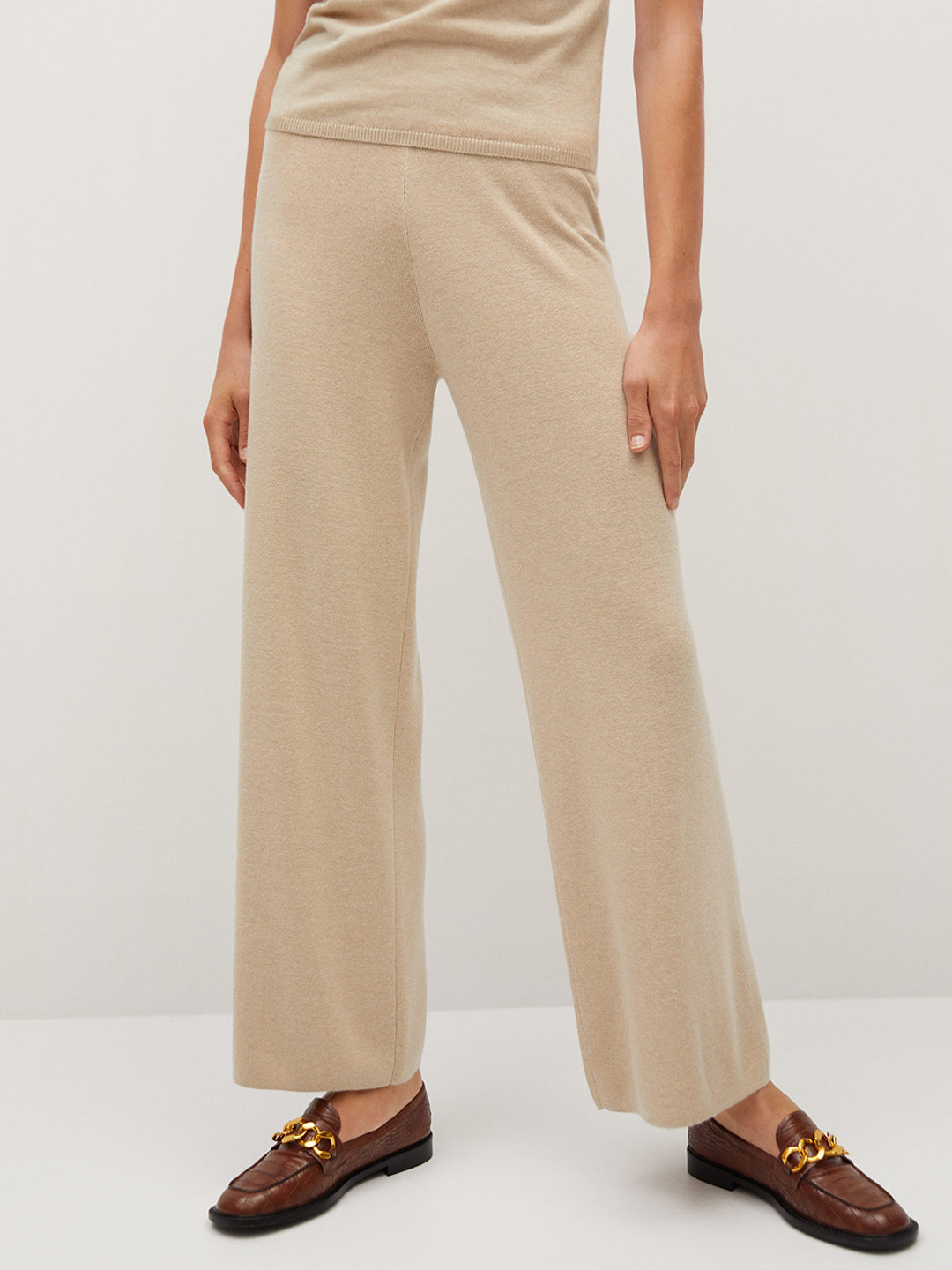 MANGO Women Sustainable Beige Solid Knitted Parallel Trousers