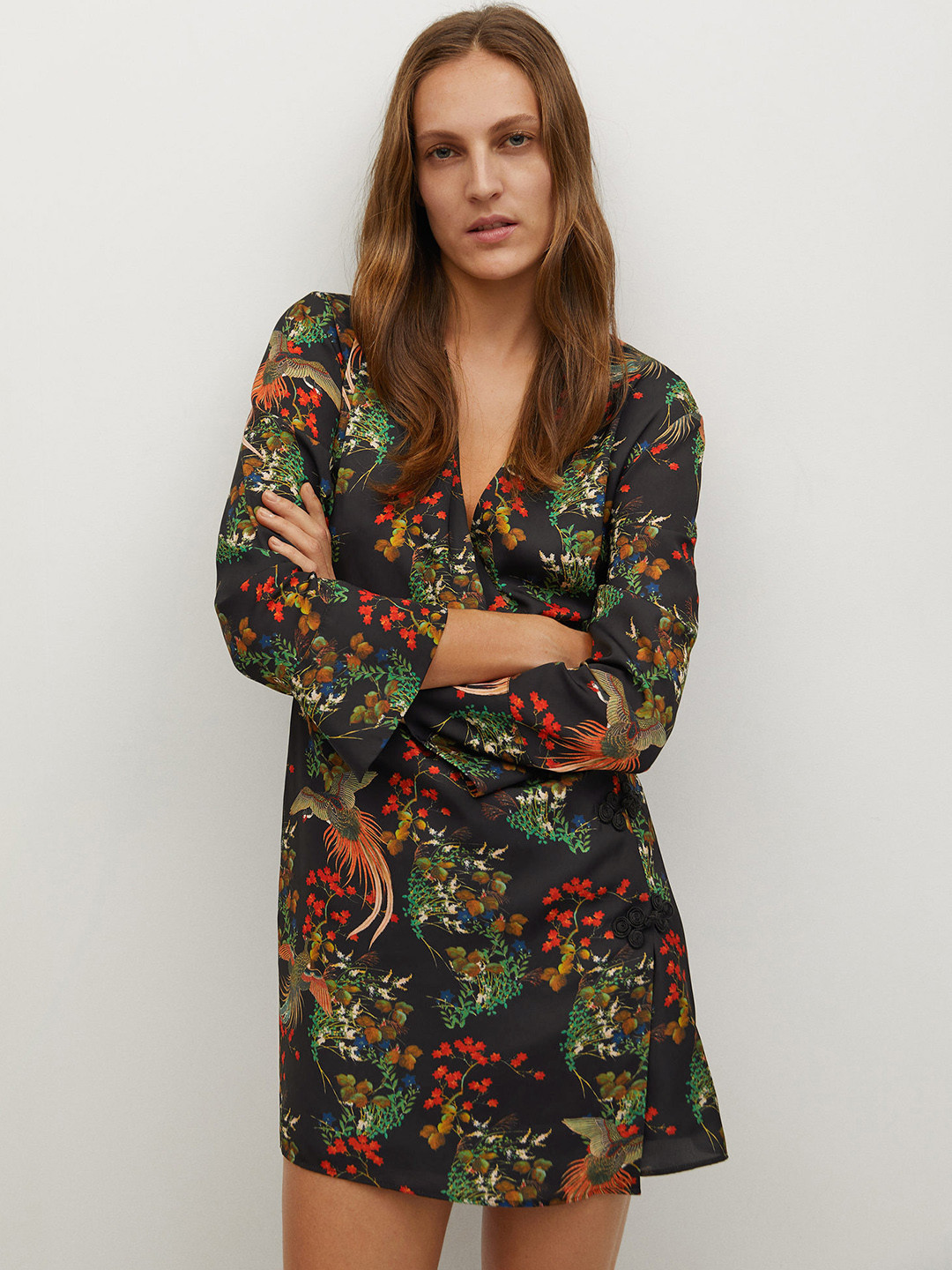MANGO Women Black & Green Printed Sustainable Wrap Dress