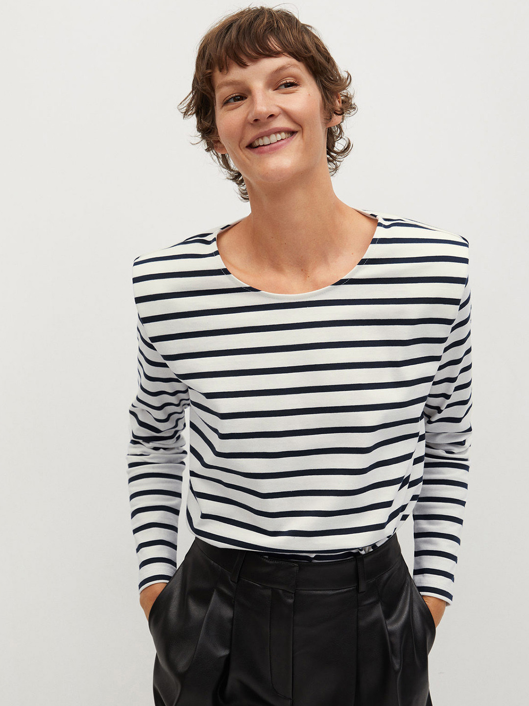 MANGO Women White  Black Sustainable Organic Cotton Striped Round Neck Organic Cotton T-shirt