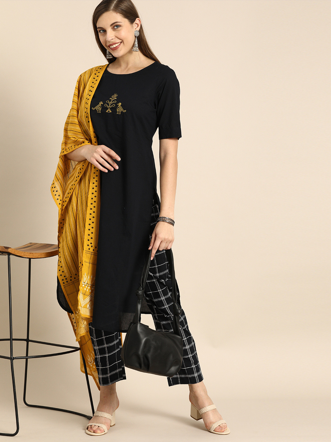 Anouk Women Black Solid Embroidery Detail Kurta with Trousers & Dupatta