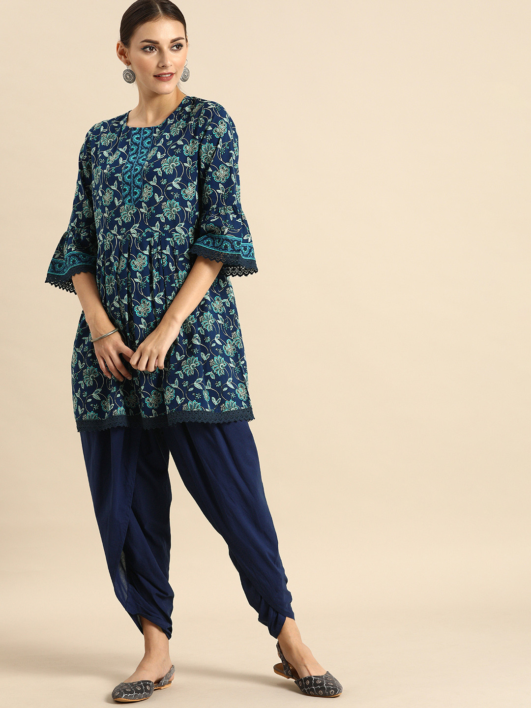 Anouk Women Navy Blue & Off-White Floral Printed Kurti with Dhoti Pants