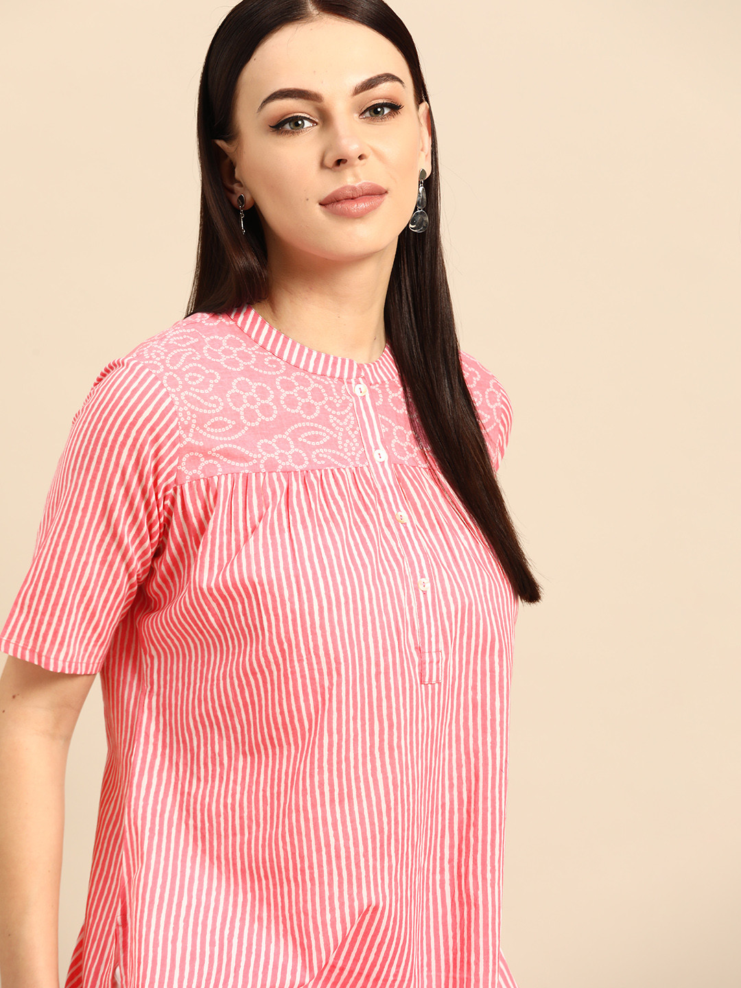 Anouk Pink & White Striped Pure Cotton Striped Straight Kurta