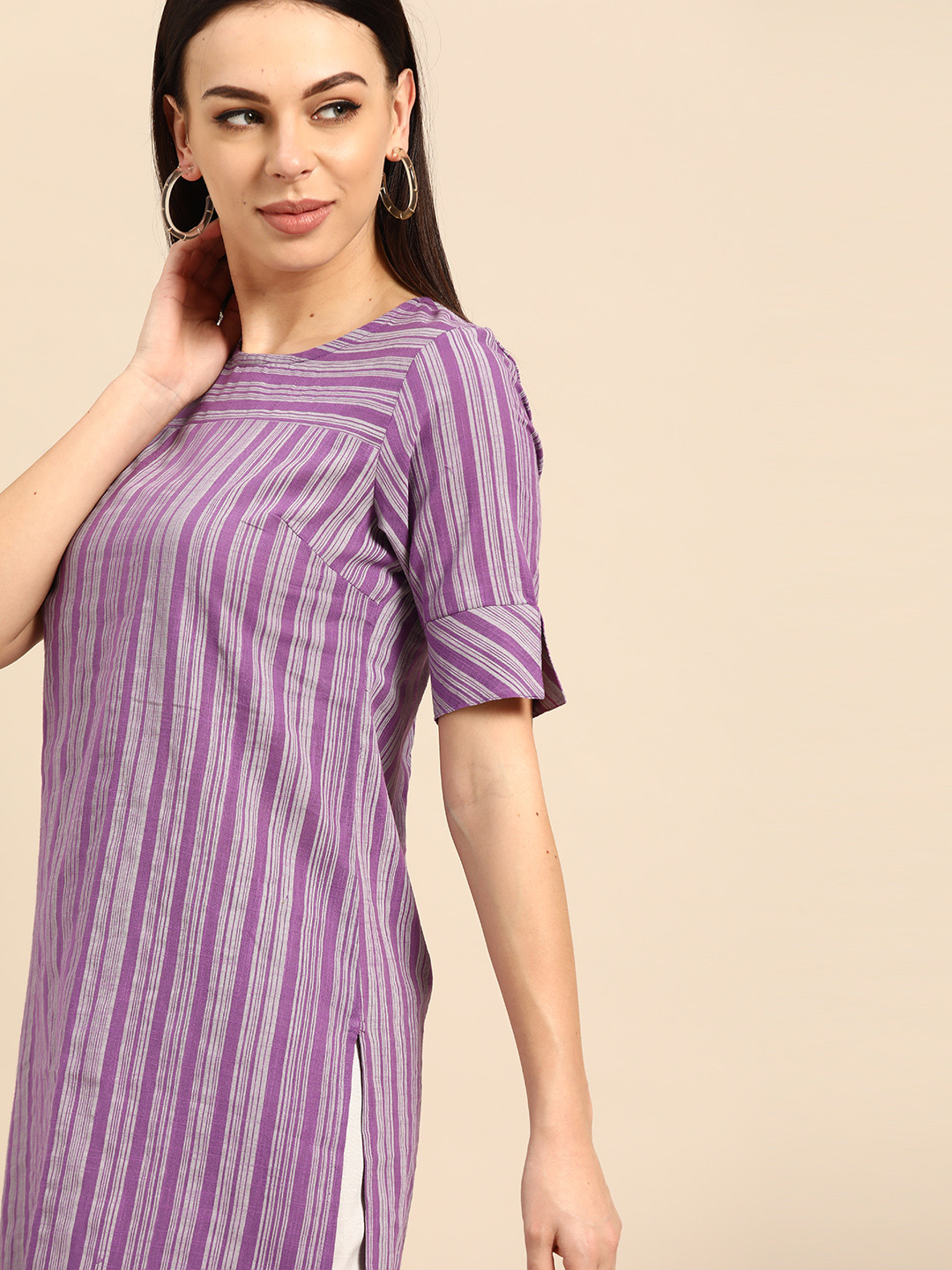 Anouk Purple & White Striped Straight Kurta