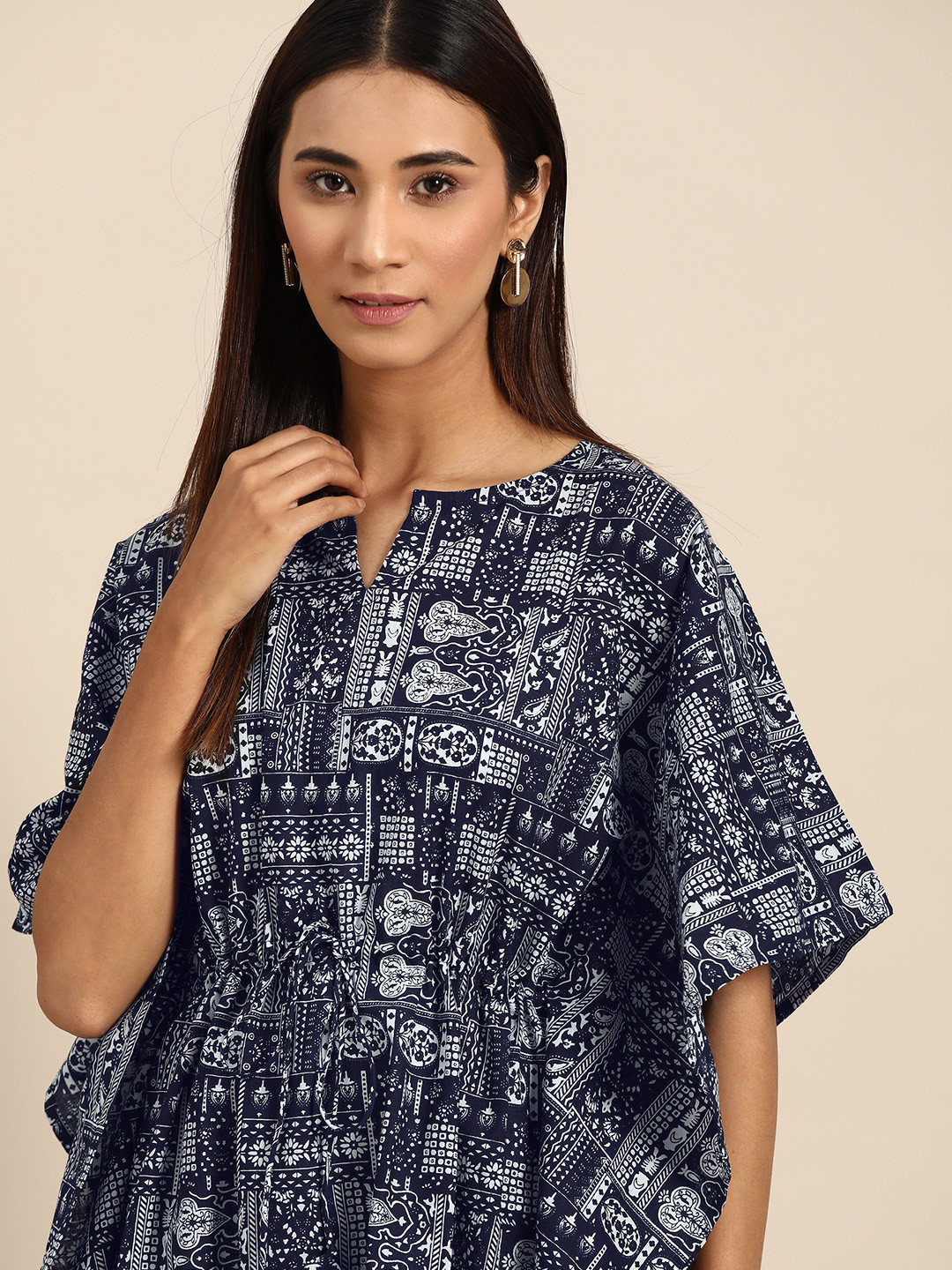 Anouk Blue Ethnic Motifs Printed Flared Sleeves Kaftan Kurta
