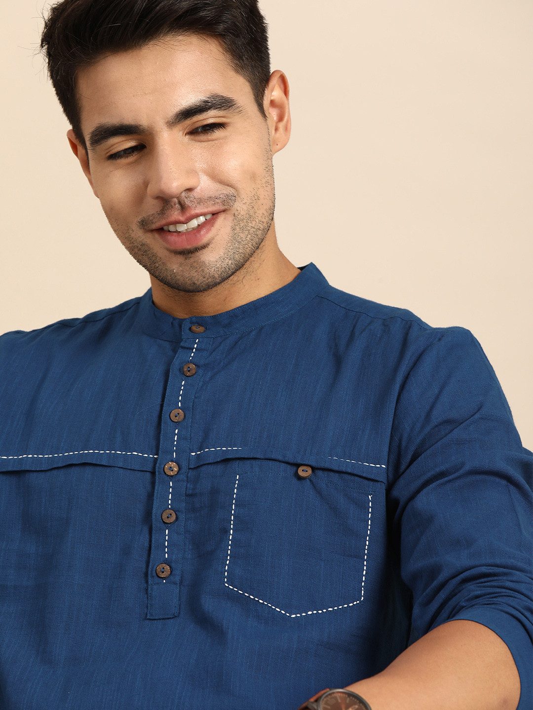 Anouk Men Navy Blue Thread Work Short Kurta
