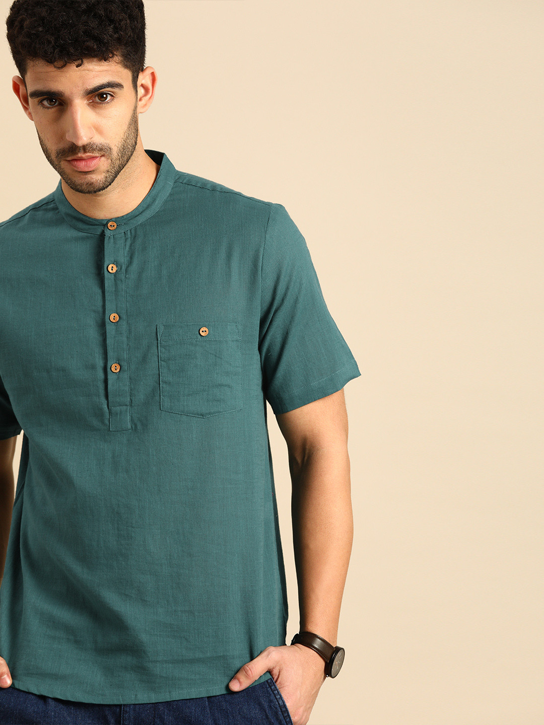 Anouk Men Green Pure Cotton Daily Wear Waist Length Kurta