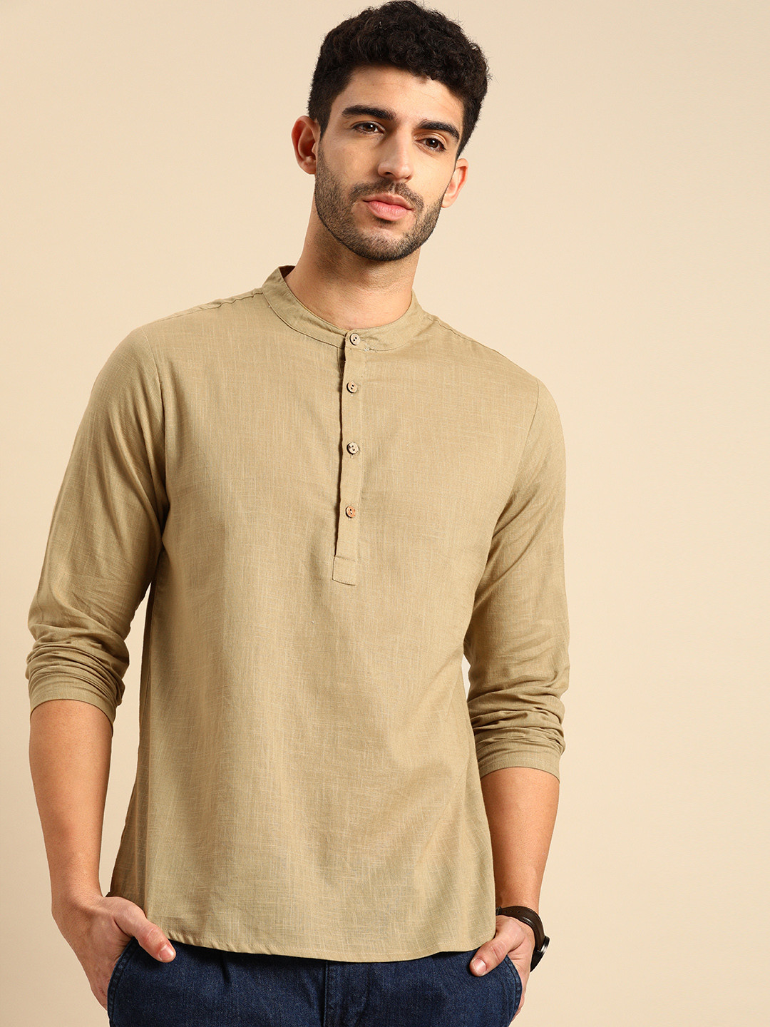 Anouk Men Khaki  Cotton Daily Wear Waist Length Kurta