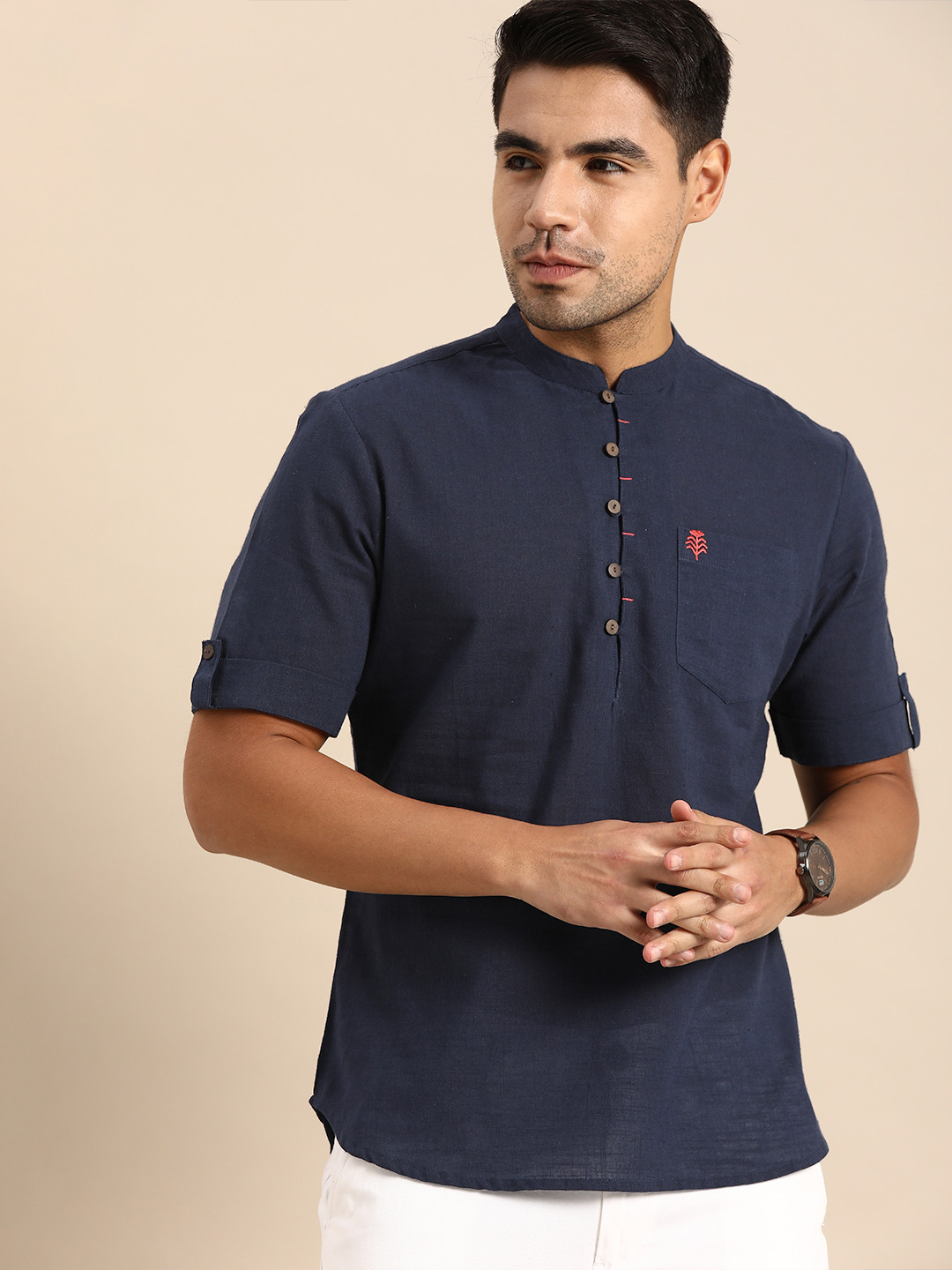 Anouk Men Navy Blue Solid Short Kurta