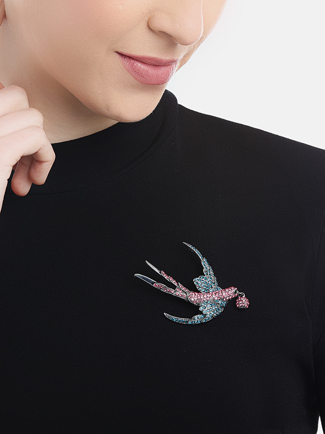 YouBella Women Pink & Blue Stone Studded Bird Shaped Statement Brooch