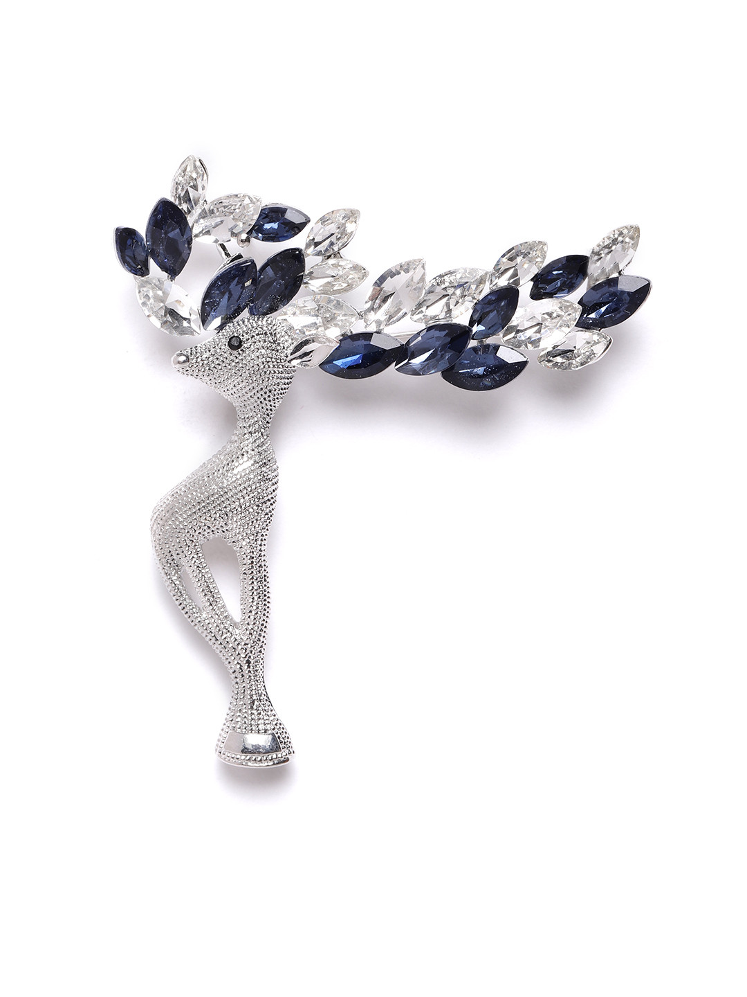 YouBella Women Silver-Toned & Navy Blue Stone Studded Reindeer Shaped Statement Brooch