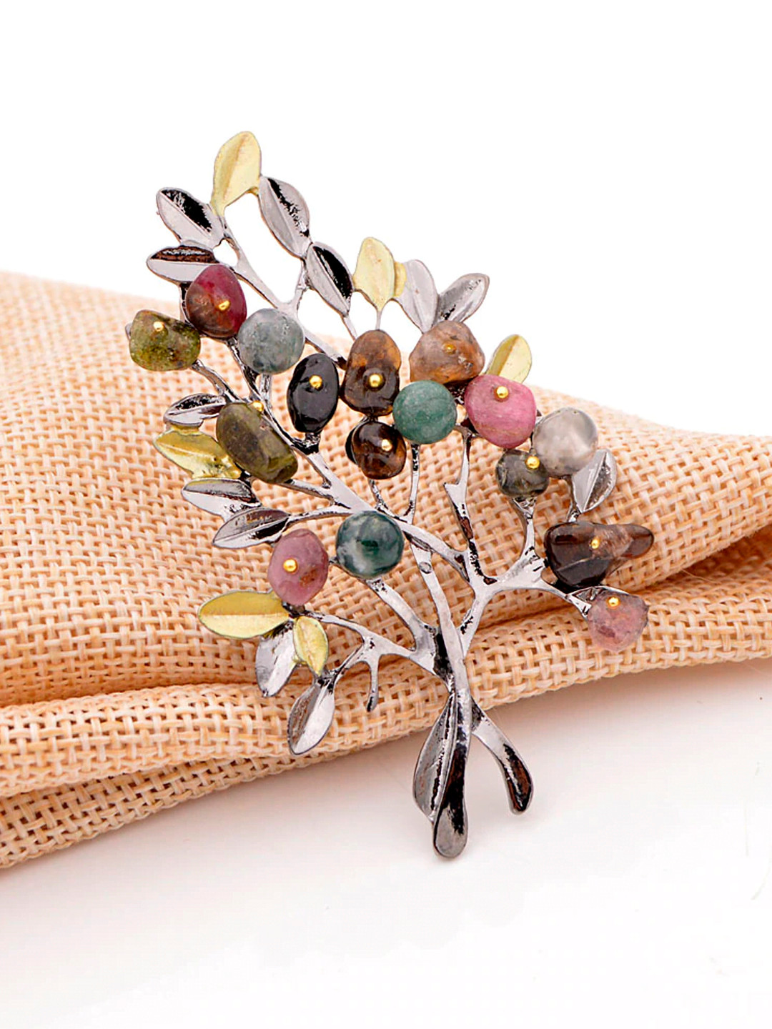 YouBella Women Green Gunmetal-Toned Stone Studded & Beaded Branch Shaped Statement Brooch