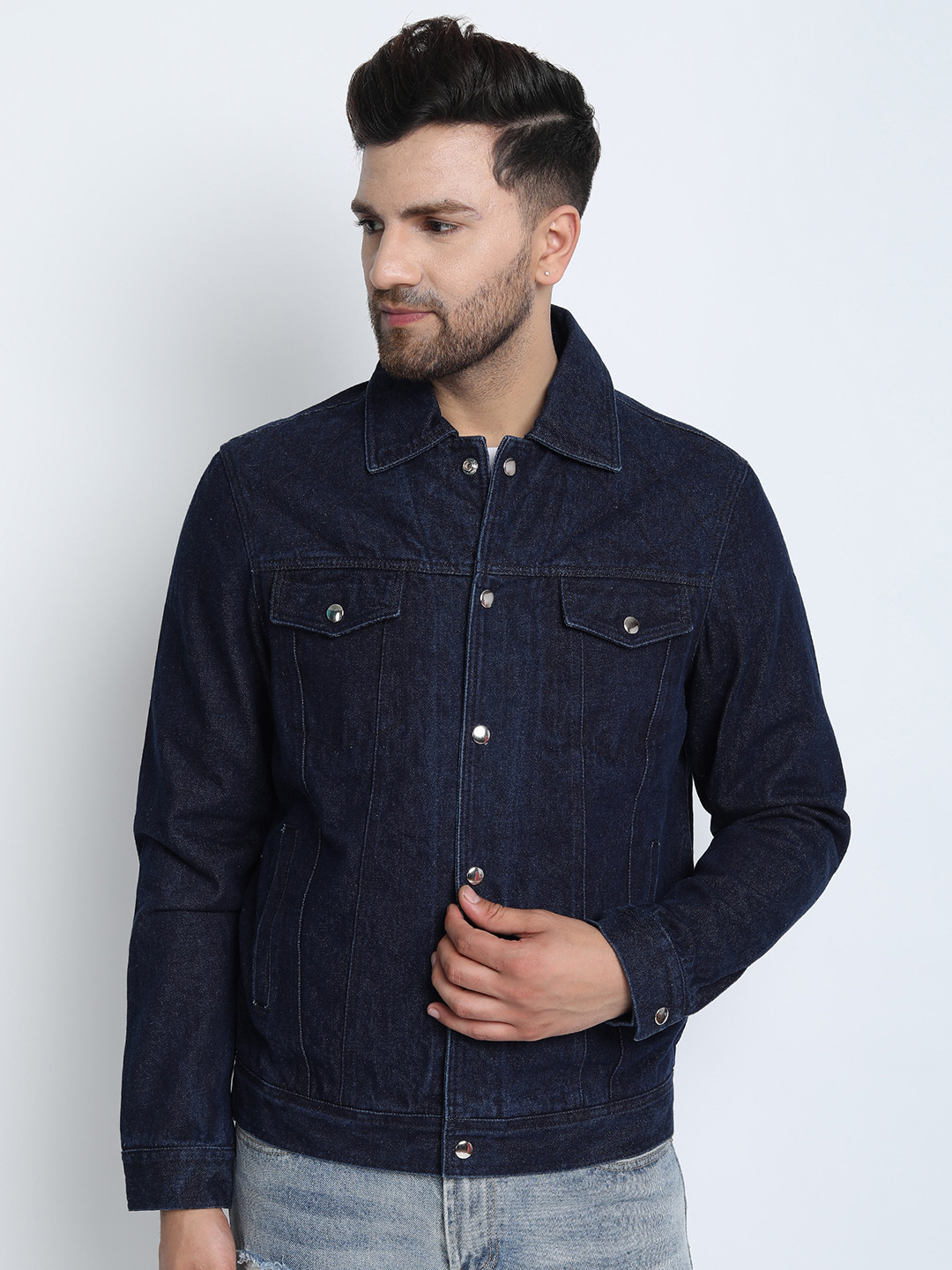 MERLOT Men Navy Blue Solid Denim Jacket