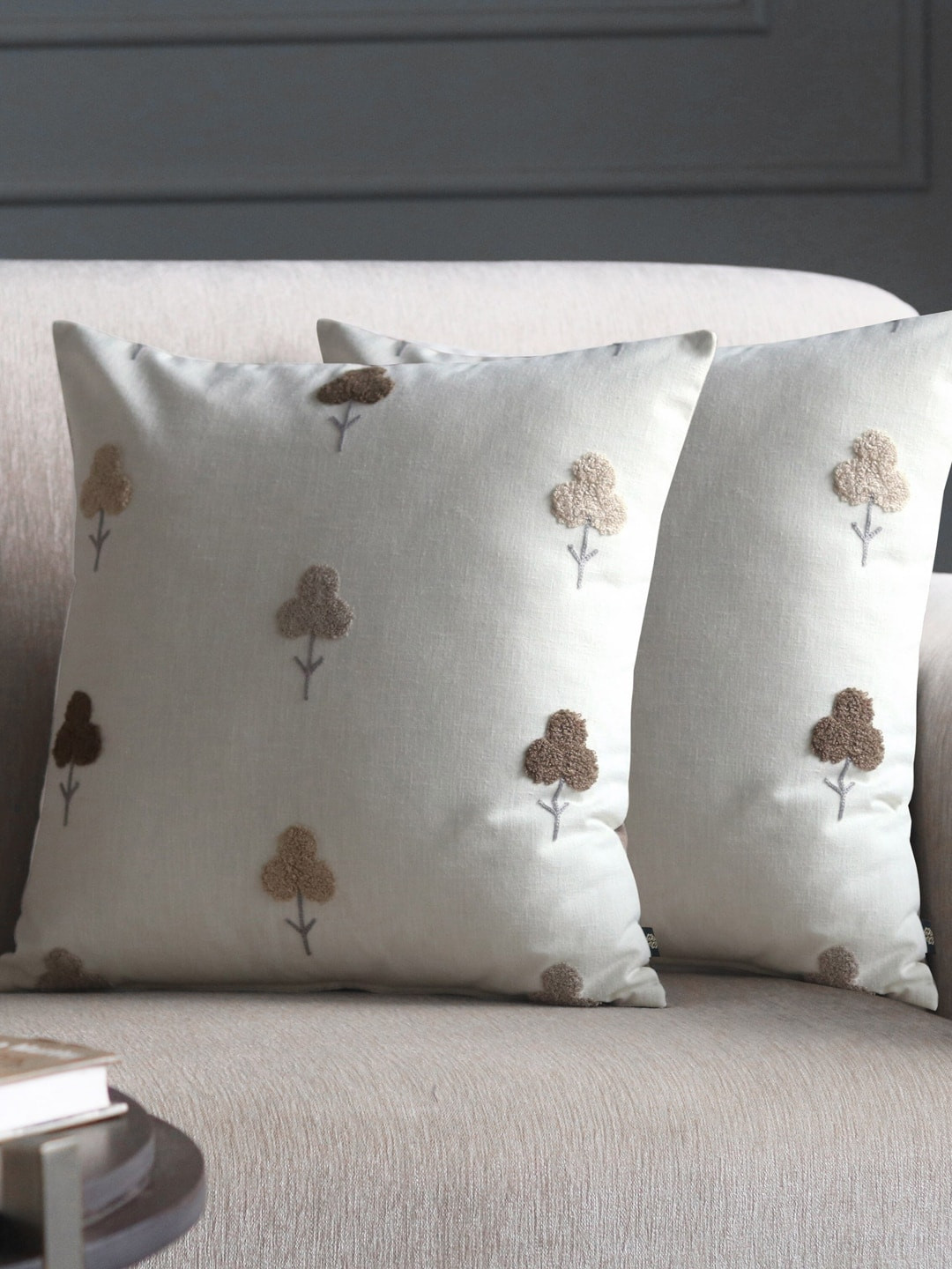 GM Off White Floral Cotton Breathable 2 Piece Embroidered Square Cushion Covers -16x16In