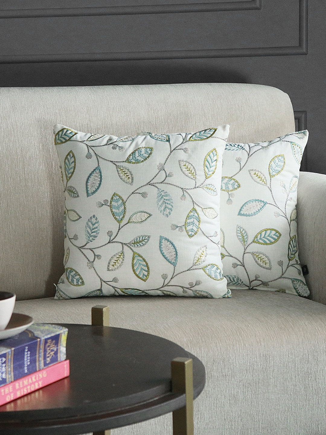 GM Cream-Coloured & Green Set of 2 Embroidered Velvet Square Cushion Covers