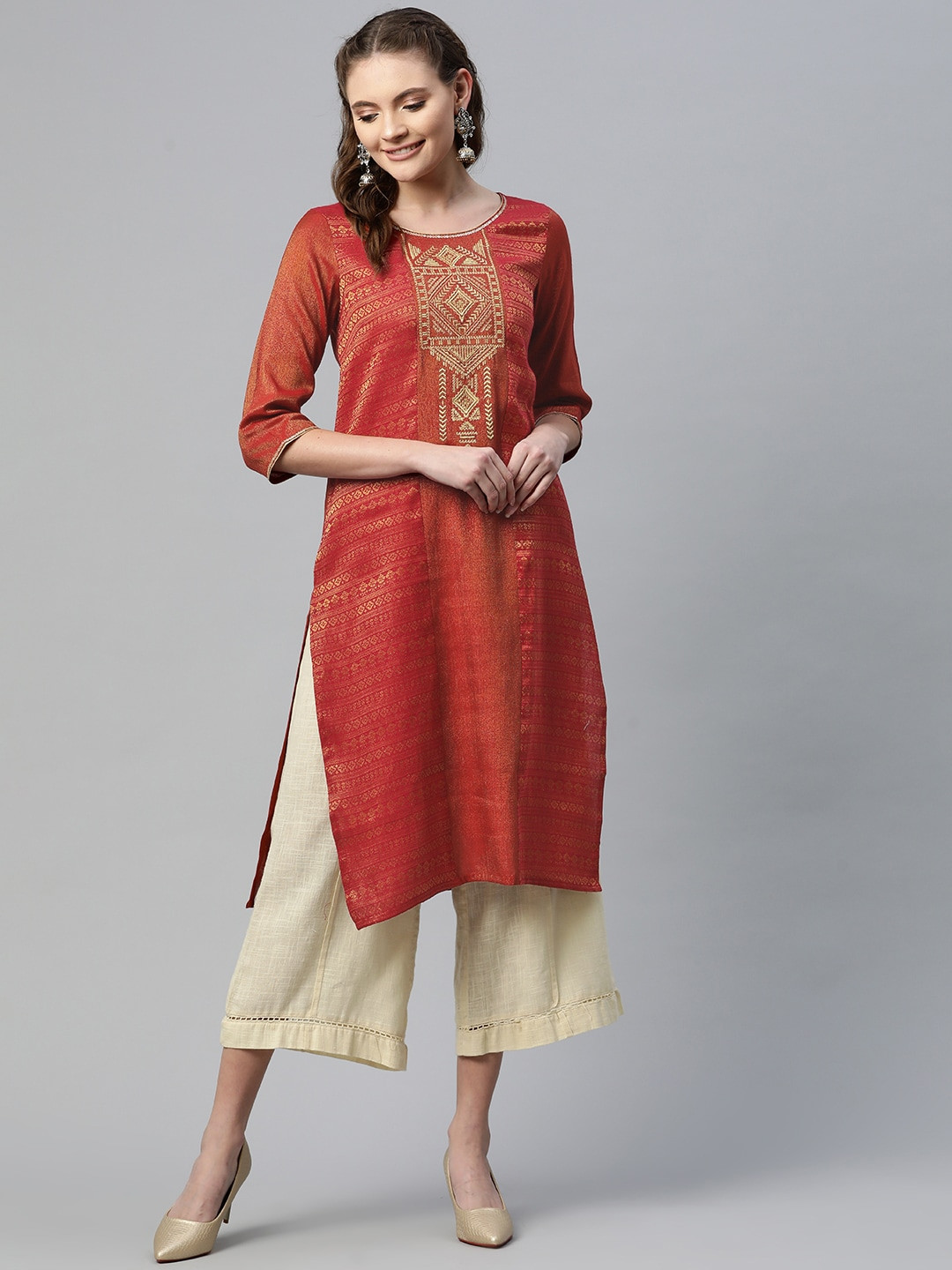 AURELIA Women Red & Golden Ethnic Design Kurta