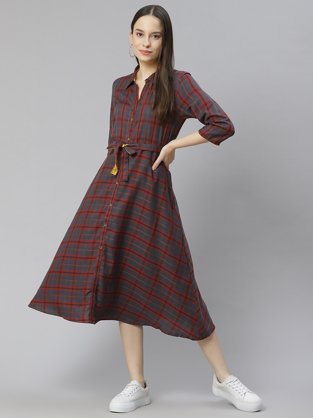 AURELIA Navy Blue & Maroon Checked Shirt Cotton Dress with Belt