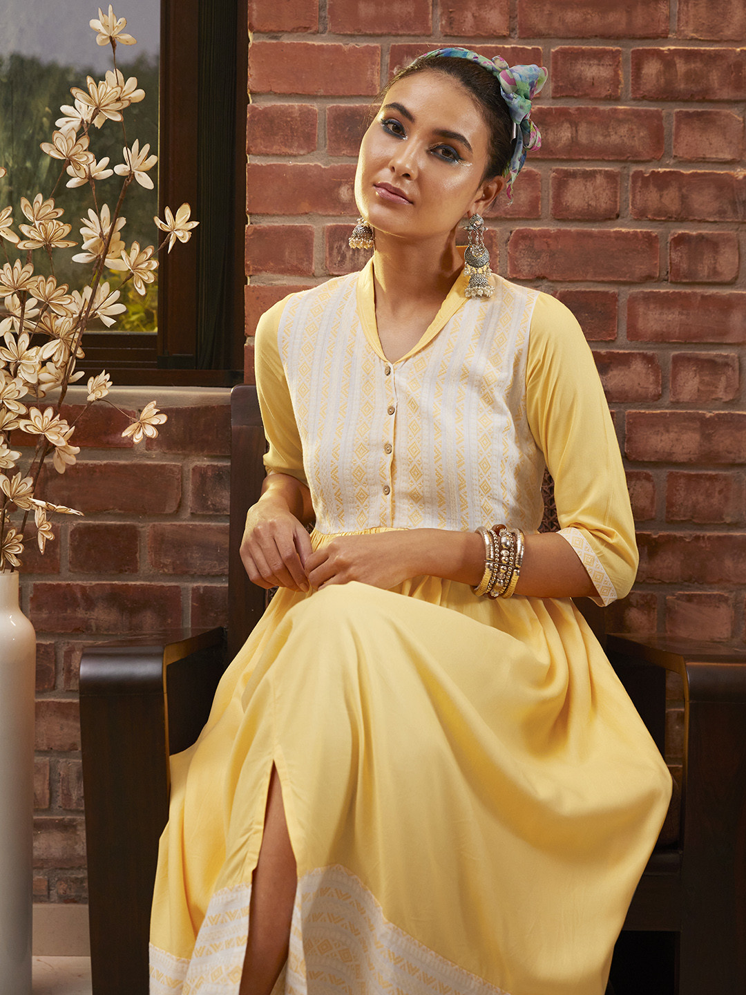 AURELIA Yellow & White Yoke Design Cotton Maxi Ethnic Dress