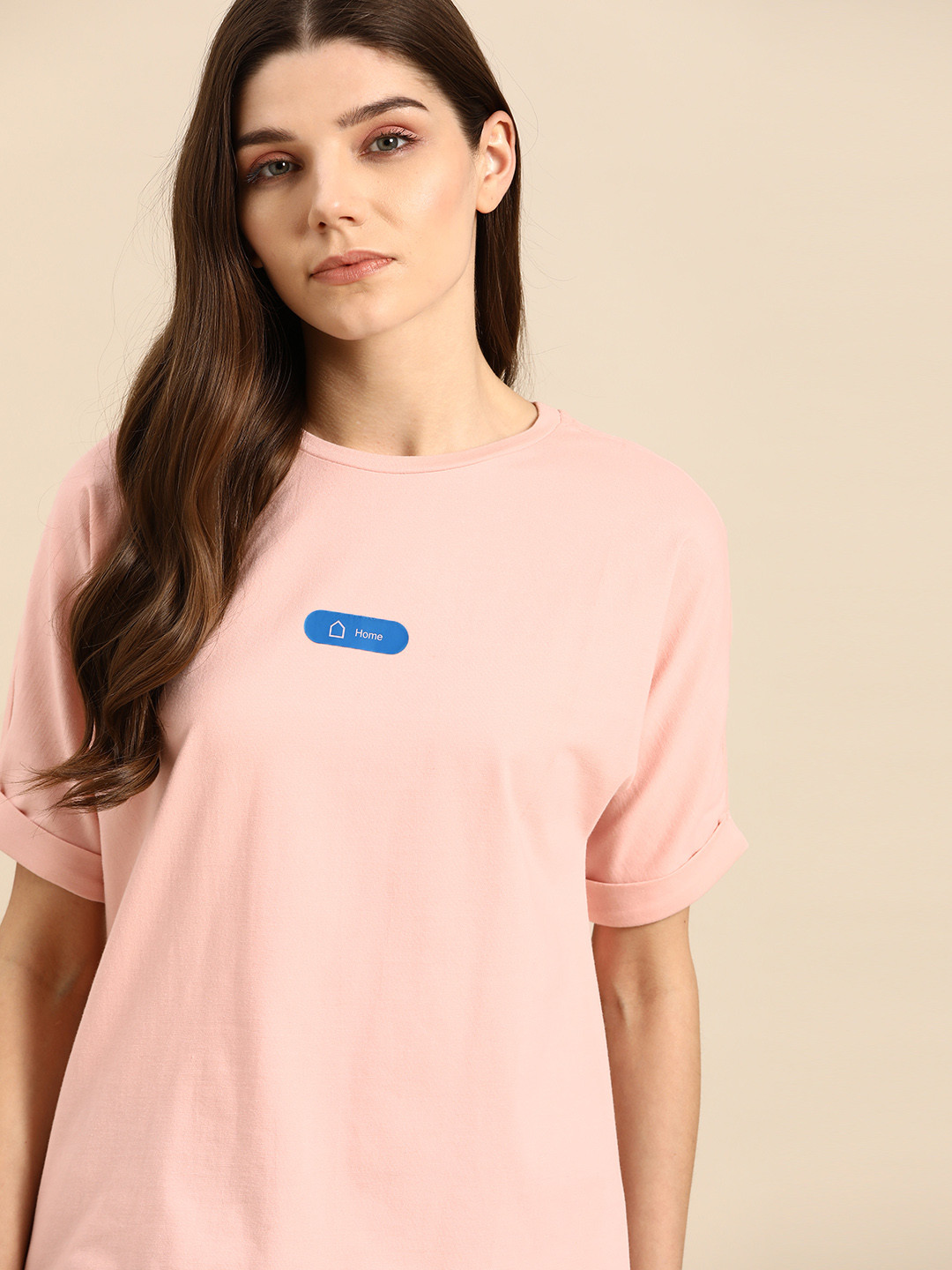 ether Women Peach-Coloured Printed Round Neck T-shirt