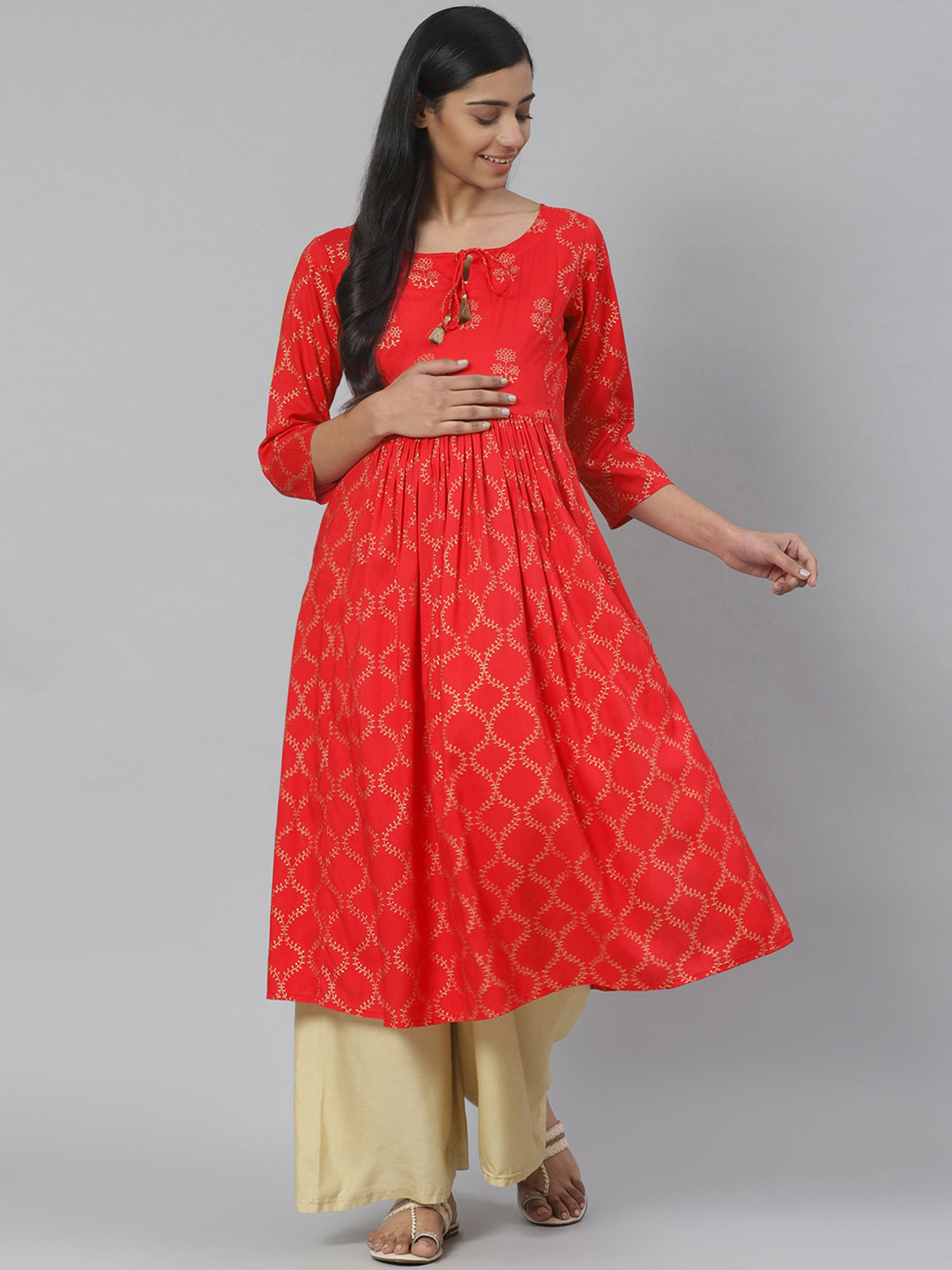 anayna Women Red & Golden Printed Feeding Maternity A-Line Kurta