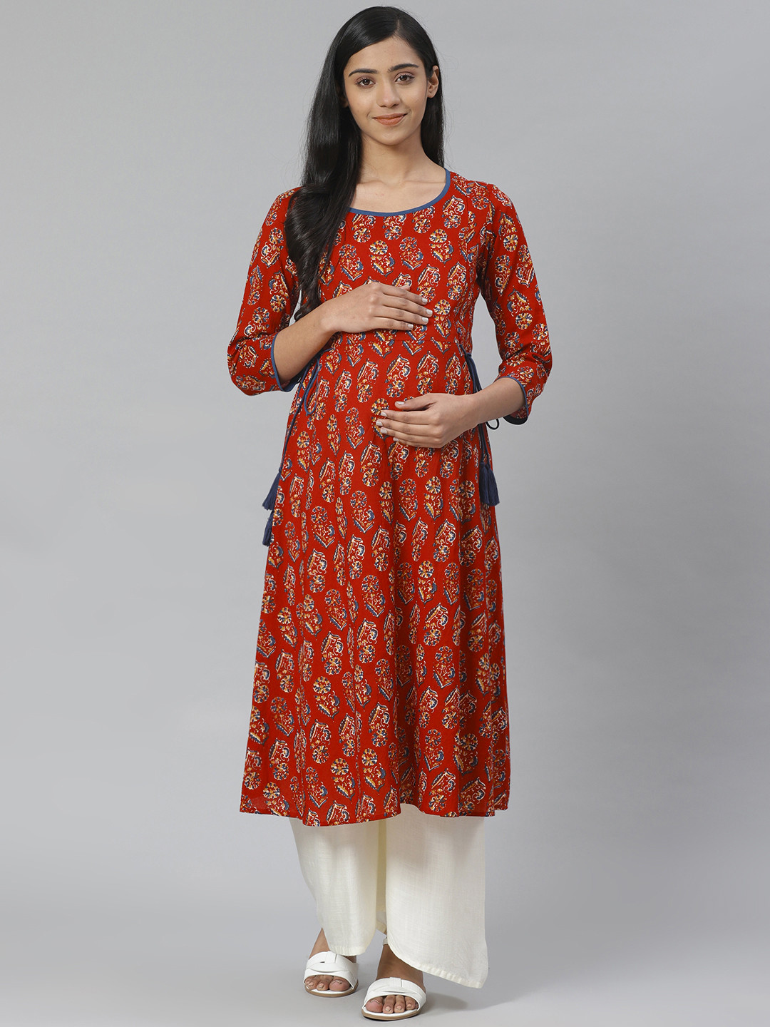 anayna Women Rust Red & Orange Block Print A-Line Maternity Kurta