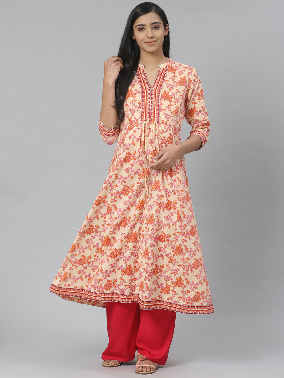 anayna Women Cream-Coloured & Orange Printed Feeding Maternity A-Line Kurta