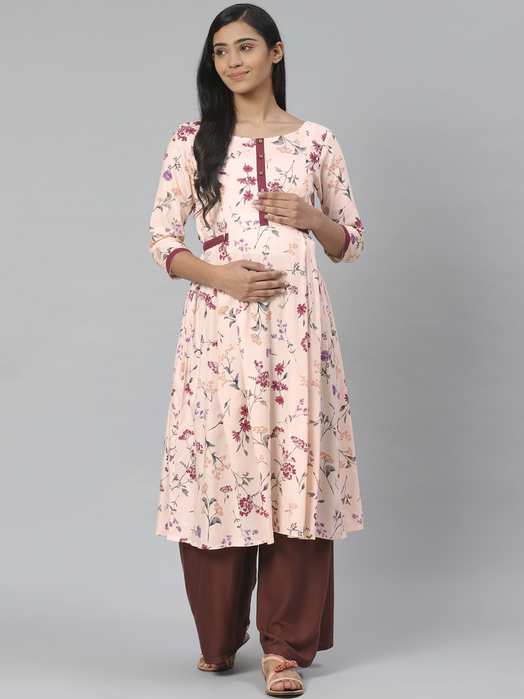 anayna Women Peach-Coloured & Burgundy Floral Print A-Line Maternity Kurta