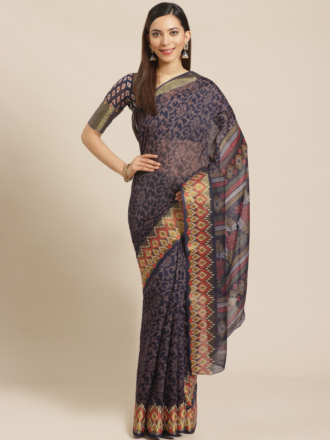 Saree mall Navy Blue & Beige Printed Saree