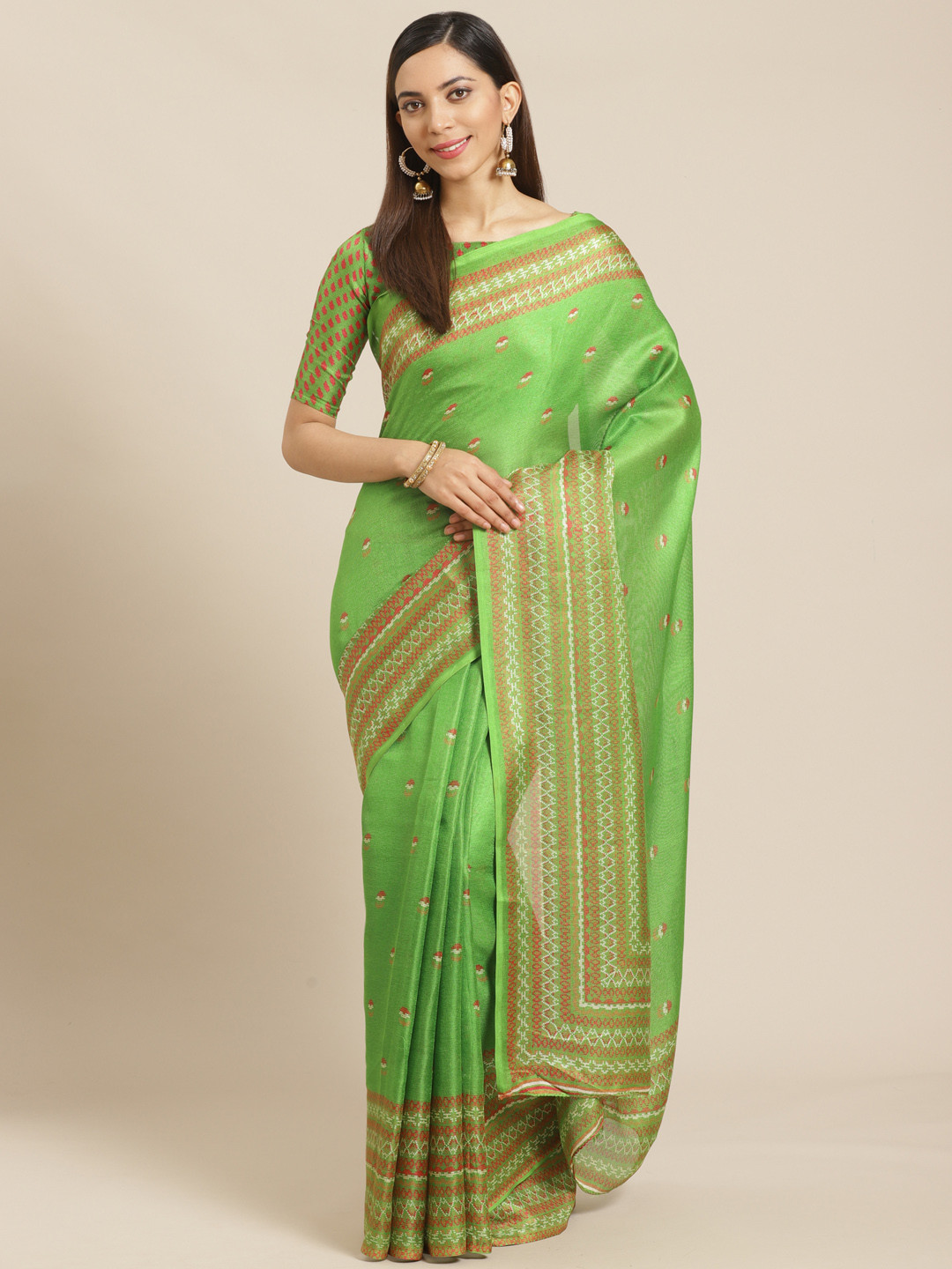 Saree mall Green & Pink Woven Design Saree