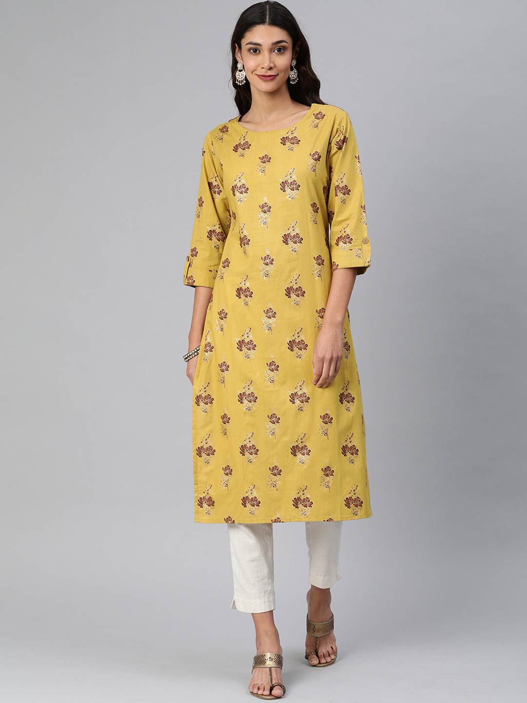 Blissta Women Mustard Yellow Floral Printed Straight Kurta