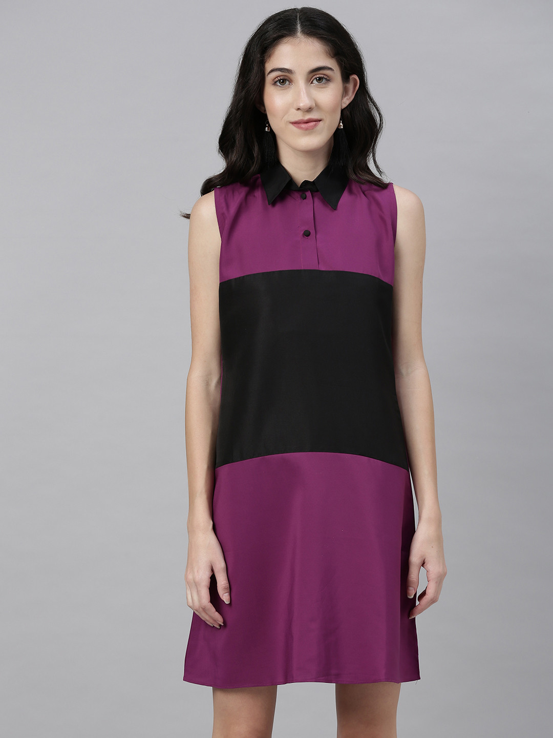 Shubhangini Fashion Women Black & Purple Colourblocked A-Line Dress