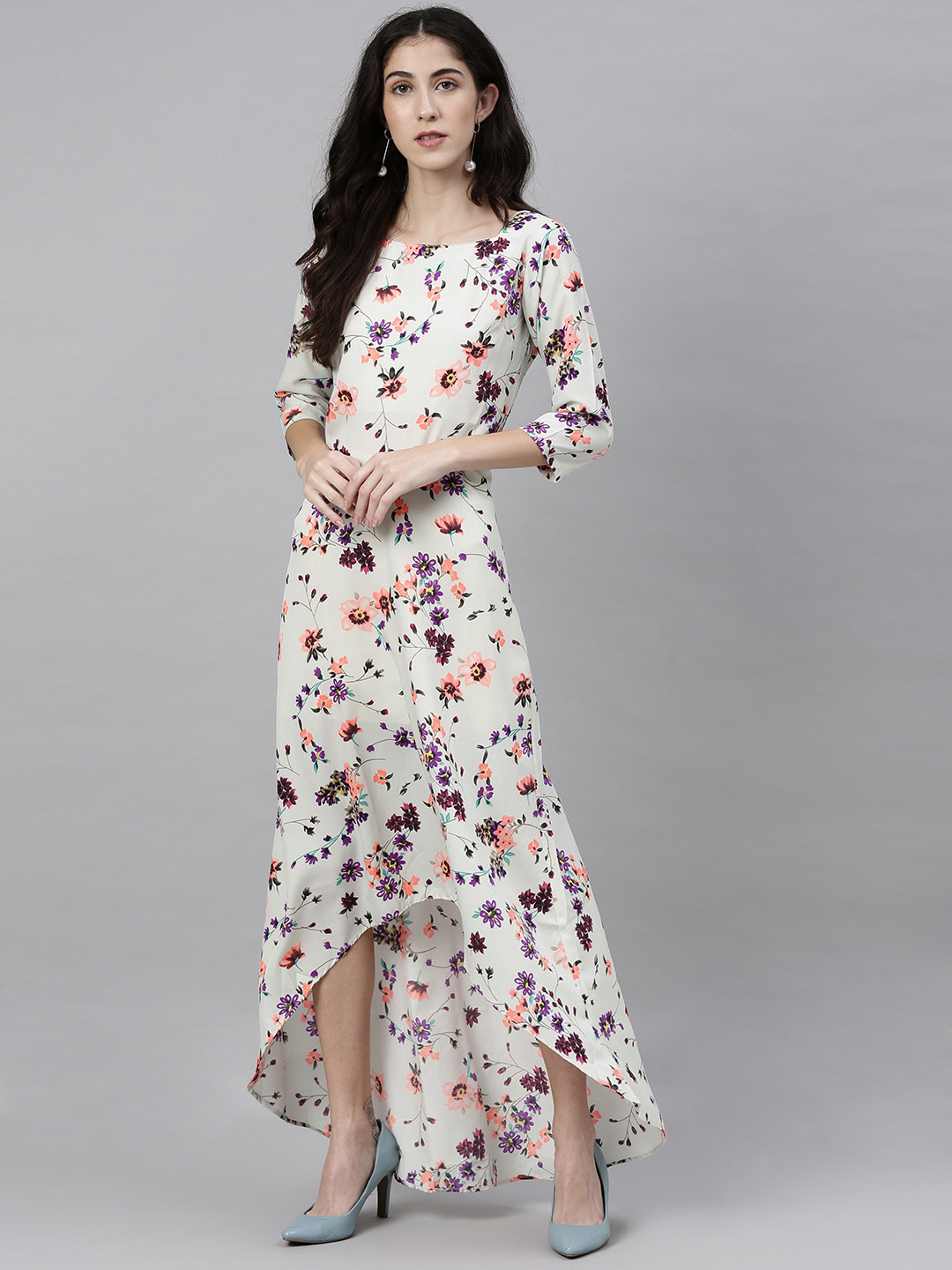 Shubhangini Fashion Women White & Pink Floral Printed High-Low Maxi Dress