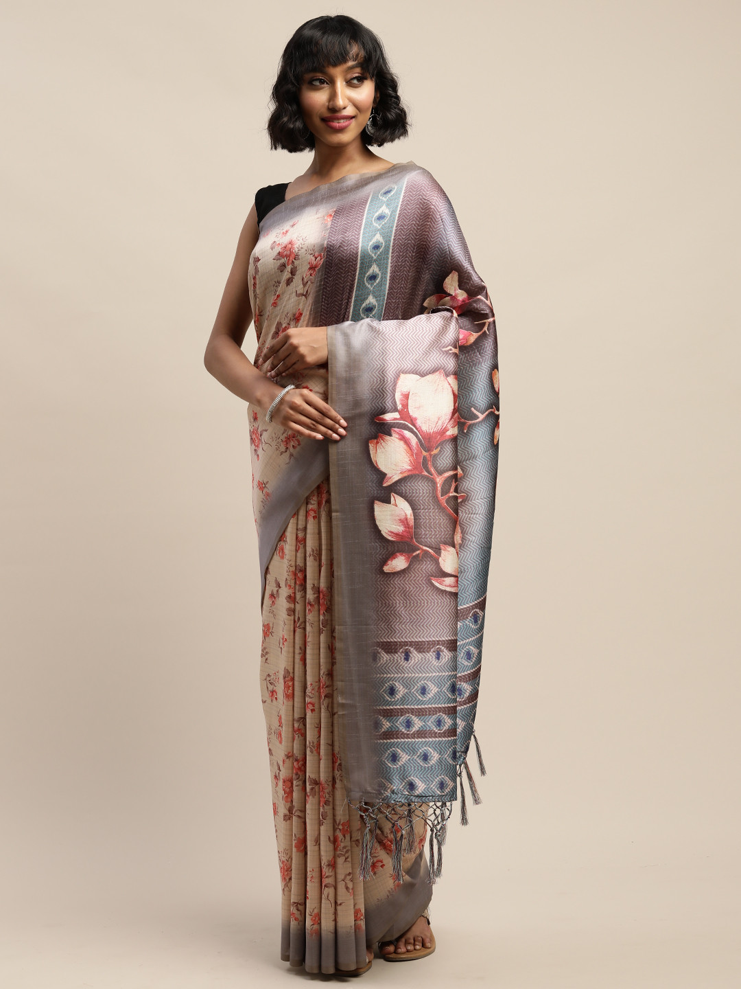 Mitera Cream-Coloured Poly Silk Printed Tussar Saree