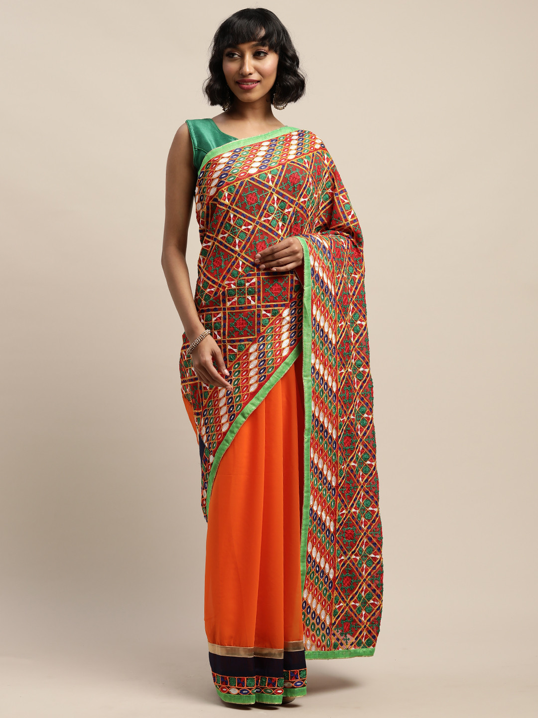 Mitera Orange Embroidered Pure Georgette Saree