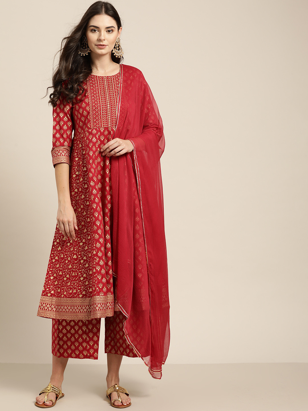 Sangria Women Red & Golden  Cotton Printed Kurta with Palazzos & Dupatta