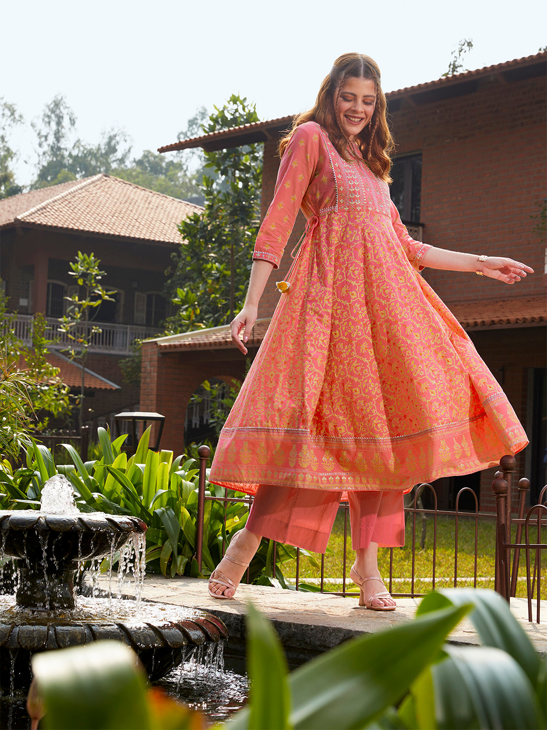 Sangria Women Coral Pink & Golden Ethnic Motifs Printed A-Line Cotton Kurta Set