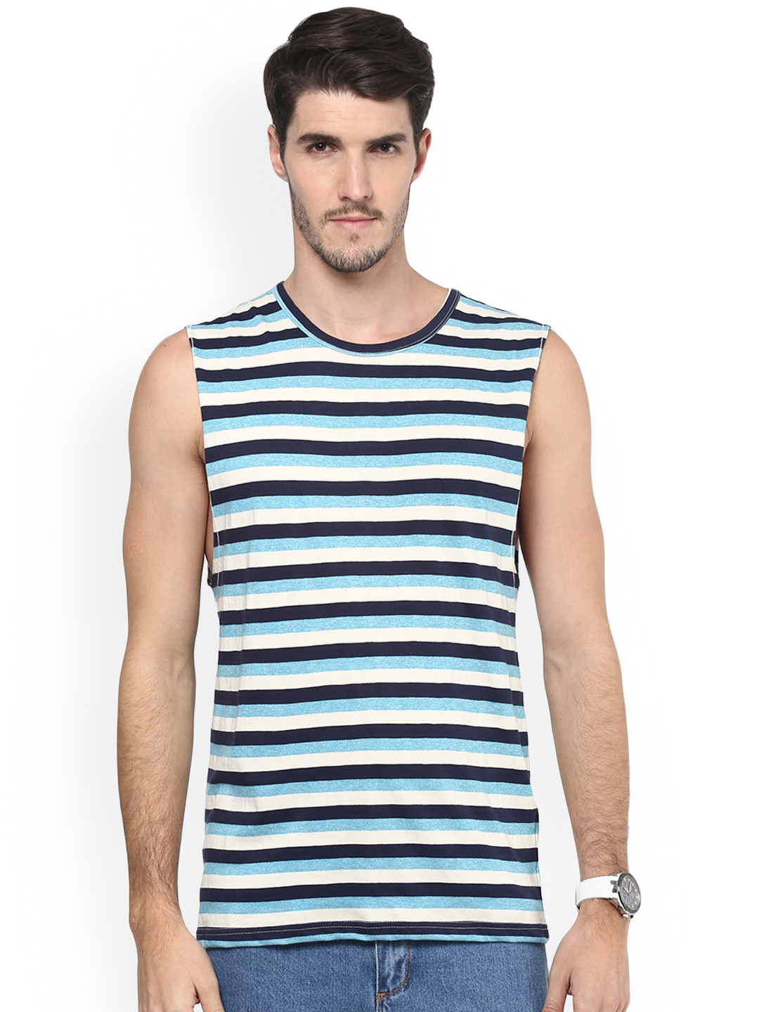 Hypernation Blue  White Striped Sleeveless Pure Cotton T-shirt