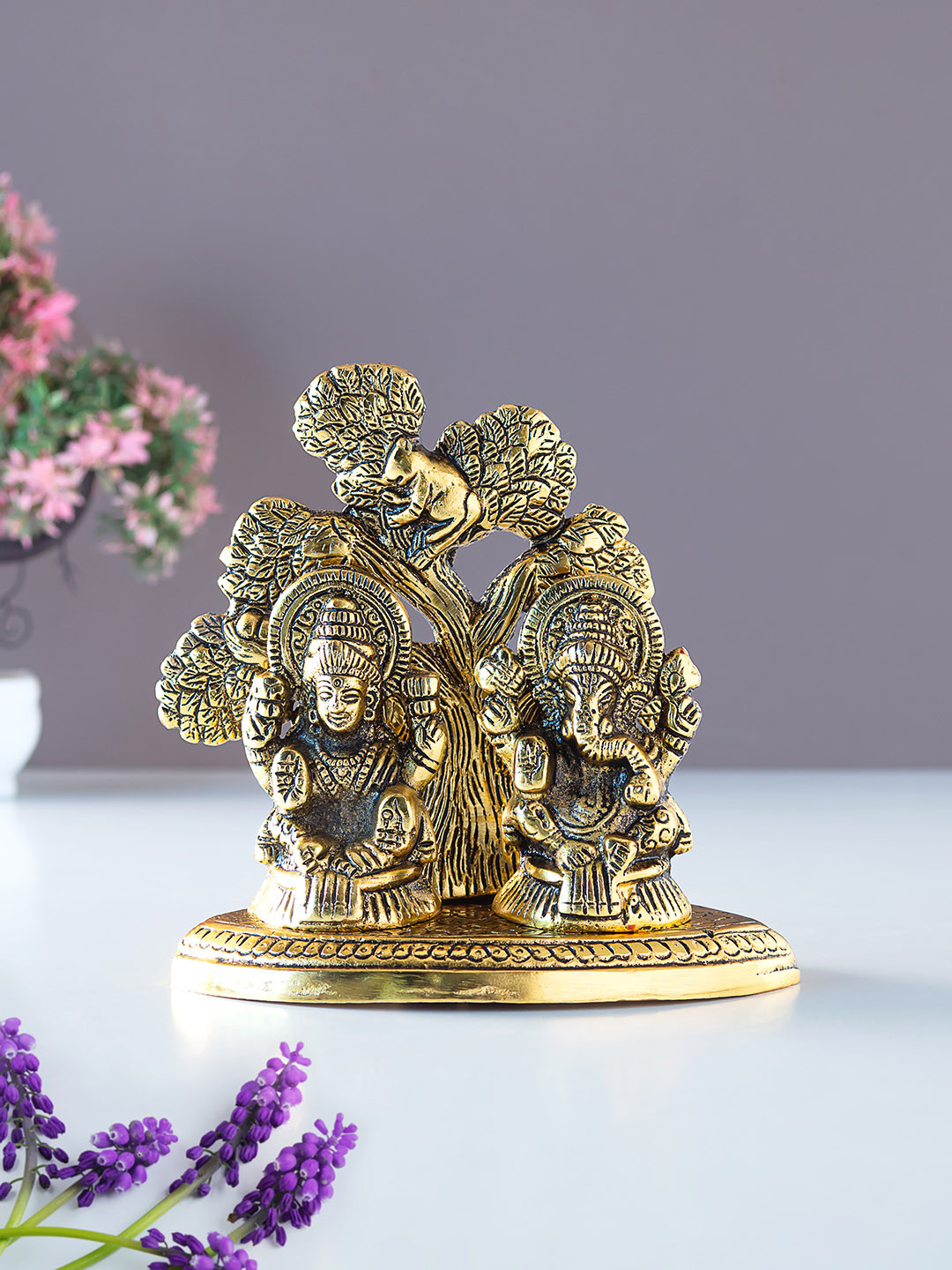 Golden Peacock Lord Lakshmi & Ganesha Gold Metal Metallic Prayer Room Medium Showpiece - 4.3 Inches