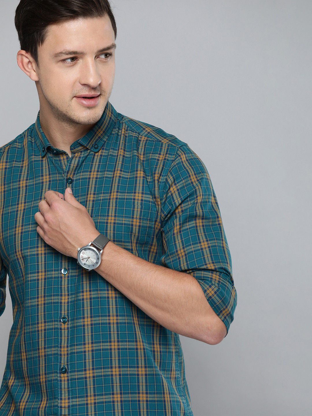 Mast & Harbour Men Teal Blue & Mustard Yellow Slim Fit Checked Casual Shirt