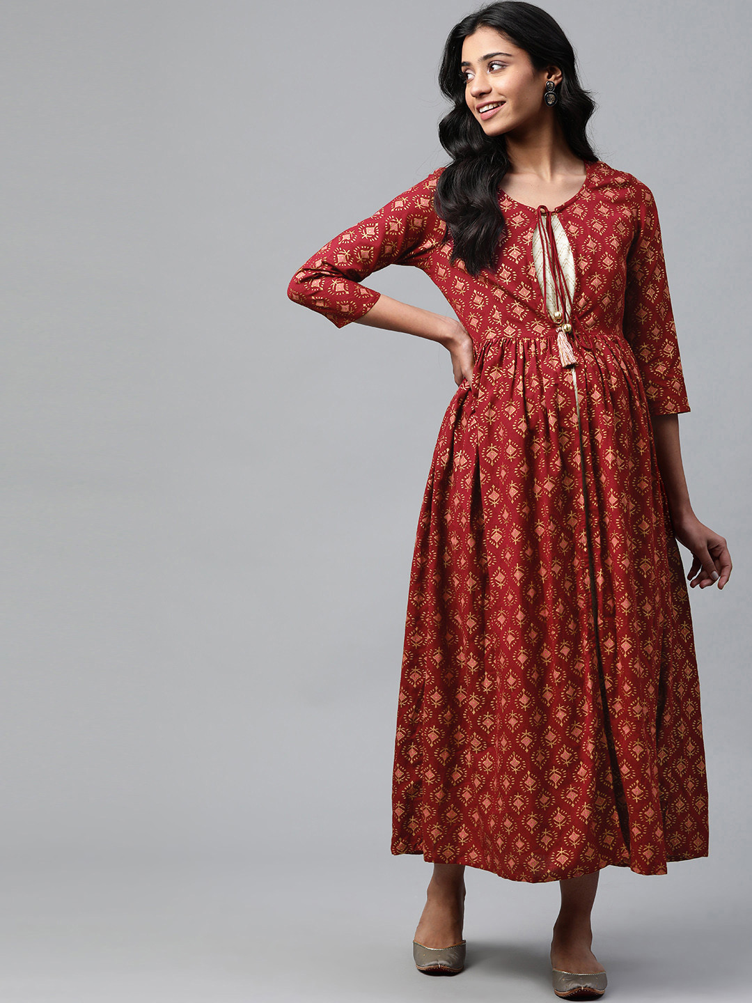 anayna Maroon & Golden Block Print Cotton Layered Maxi Nursing Dress