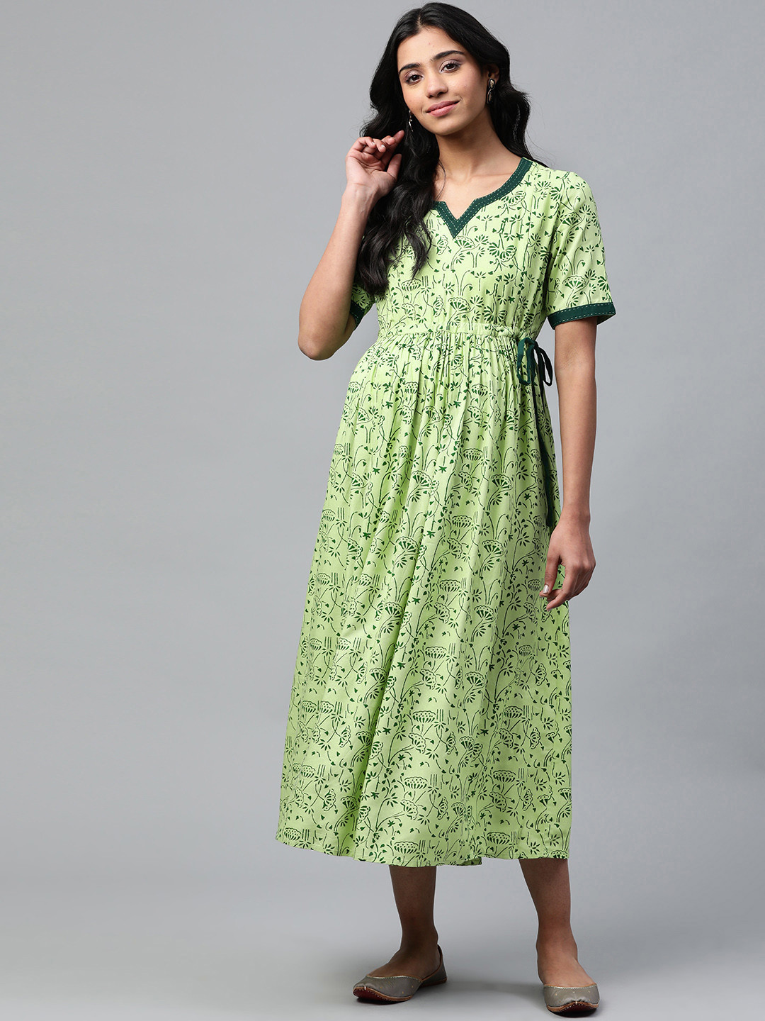anayna Women Green Printed A-Line Nursing Dress