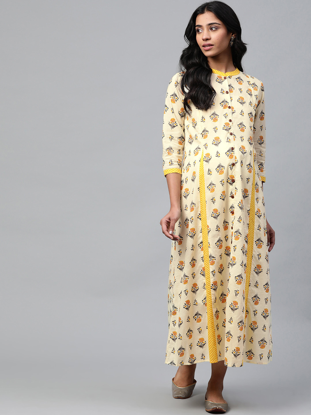 anayna Women Yellow Block Print Pure Cotton Maxi Nursing Dress