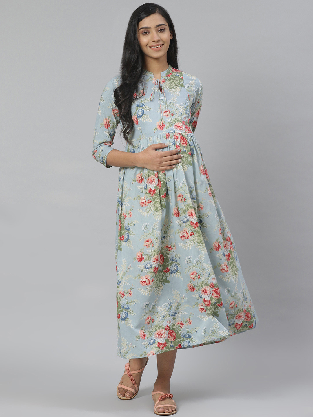 anayna Blue & Green Floral Printed Pure Cotton Maternity A-Line Dress