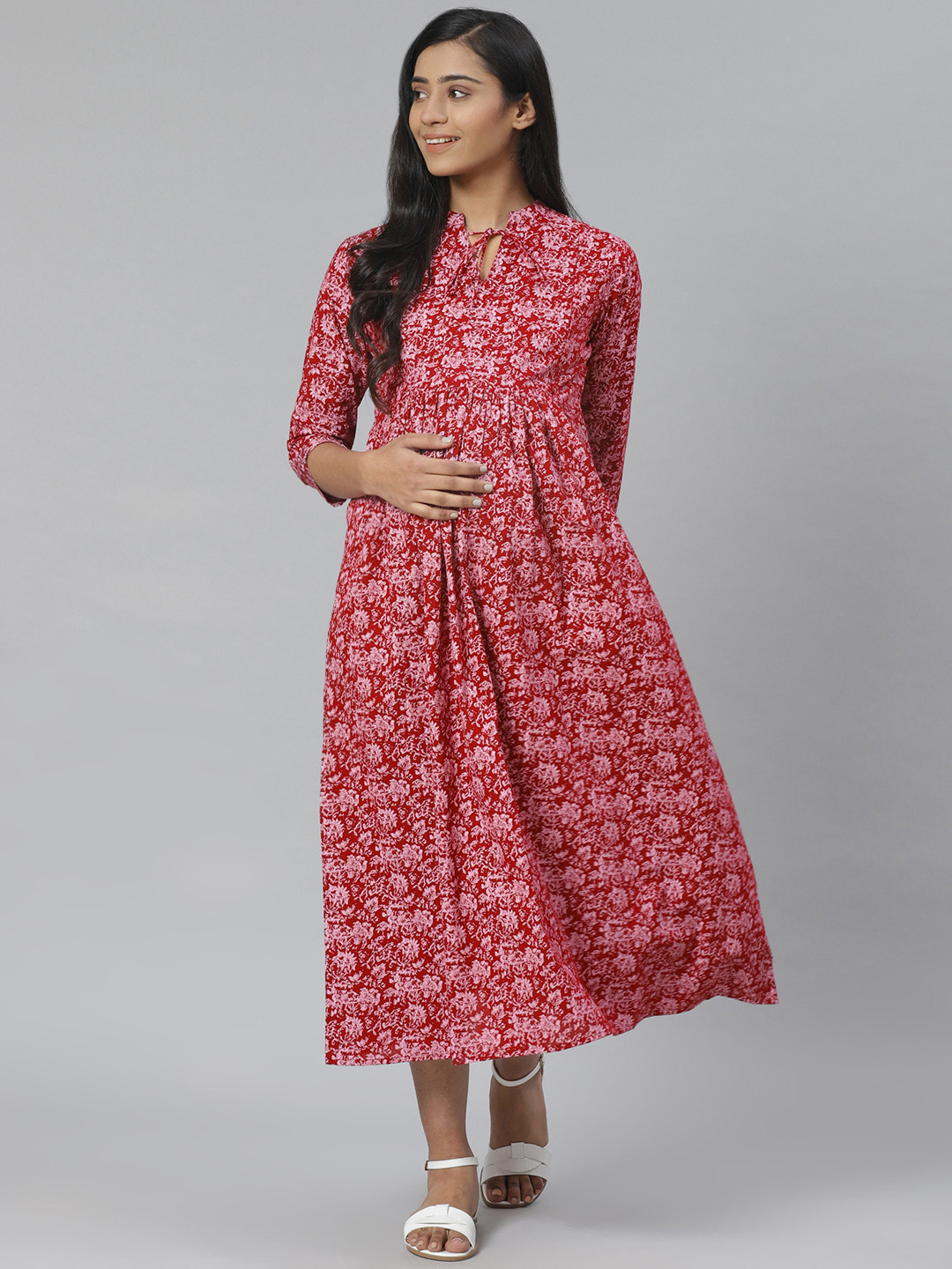 anayna Maroon & Pink Printed Pure Cotton Maternity A-Line Dress