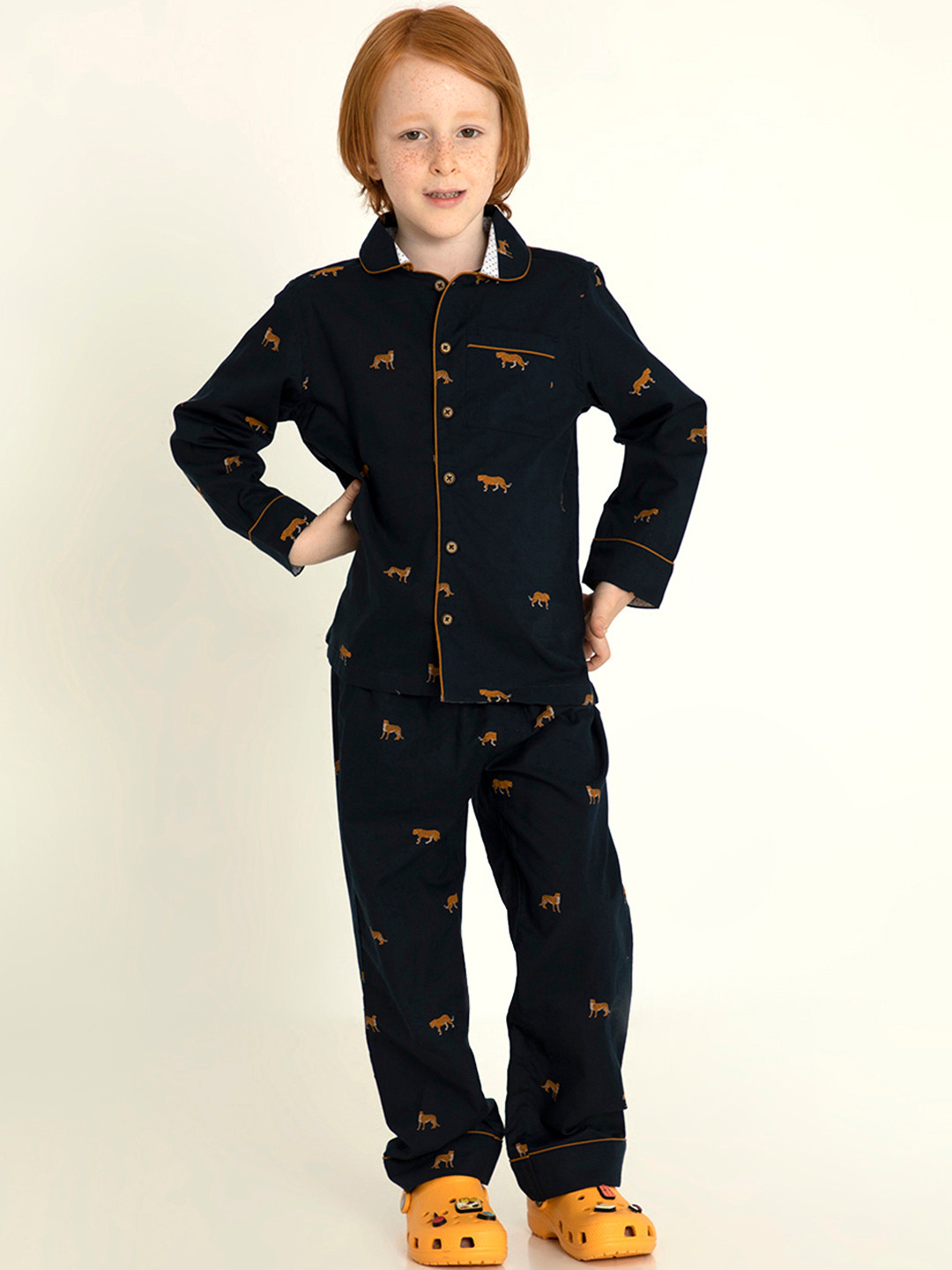 Cherry Crumble Boys Navy Blue & Mustard Leopard Printed Cotton Night suit