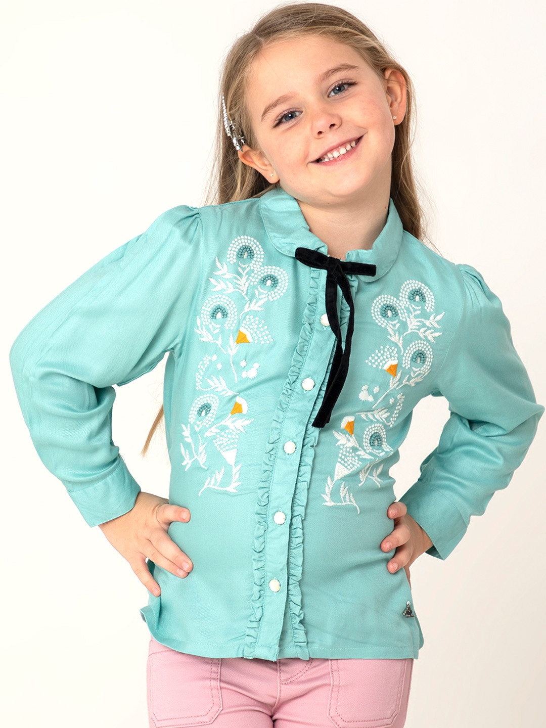 Cherry Crumble Girls Mint Green Regular Fit Floral Embroidery Cotton Top