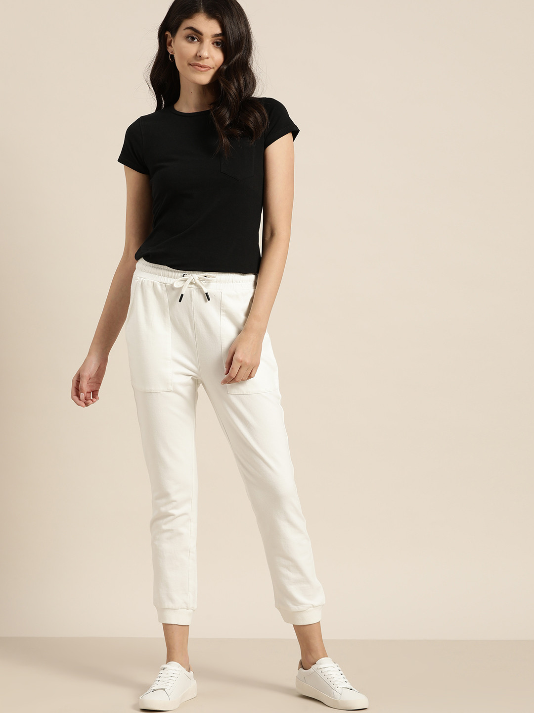 her by invictus Women White Pure Cotton Solid Cropped Joggers