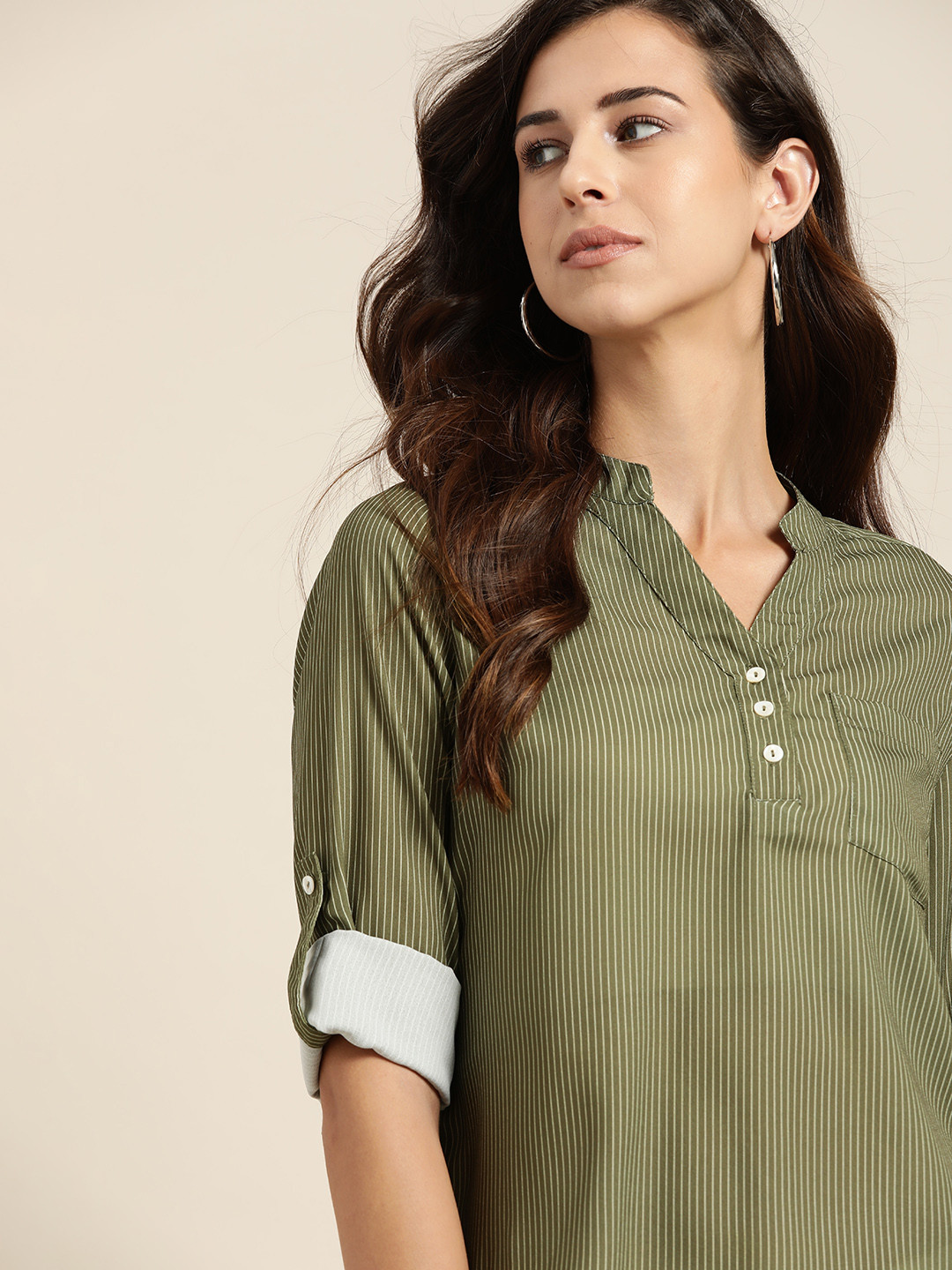 her by invictus Olive Green & White Striped Mandarin Collar Shirt Style Top